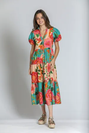 APNY Mixed Print Long Tiered Dress - Turquoise Multi