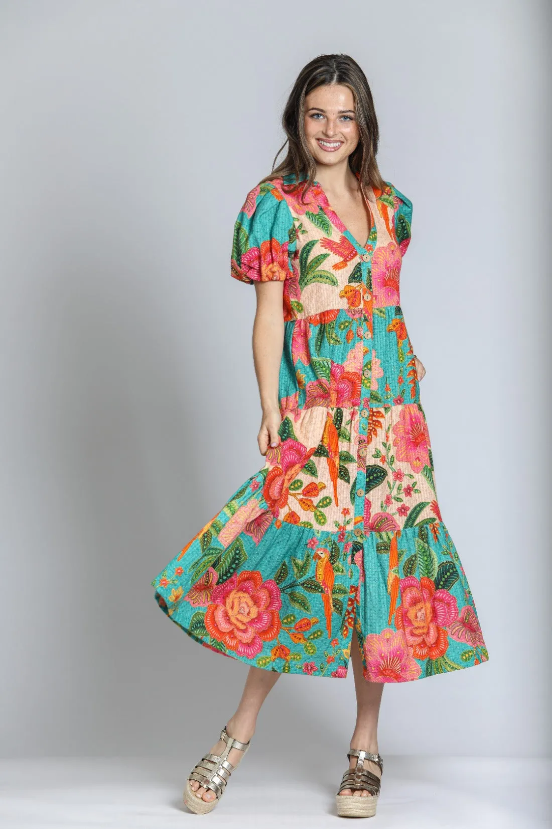 APNY Mixed Print Long Tiered Dress - Turquoise Multi
