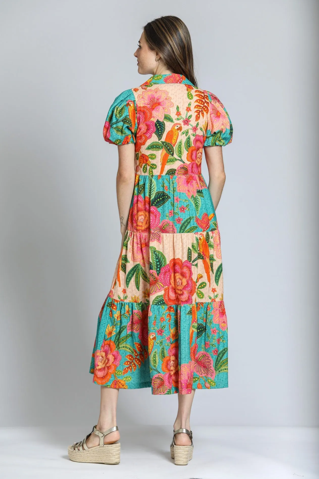 APNY Mixed Print Long Tiered Dress - Turquoise Multi