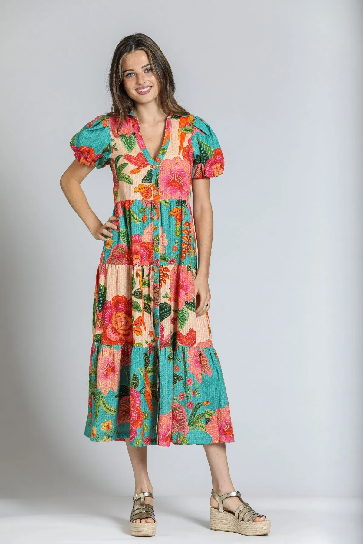 APNY Mixed Print Long Tiered Dress - Turquoise Multi