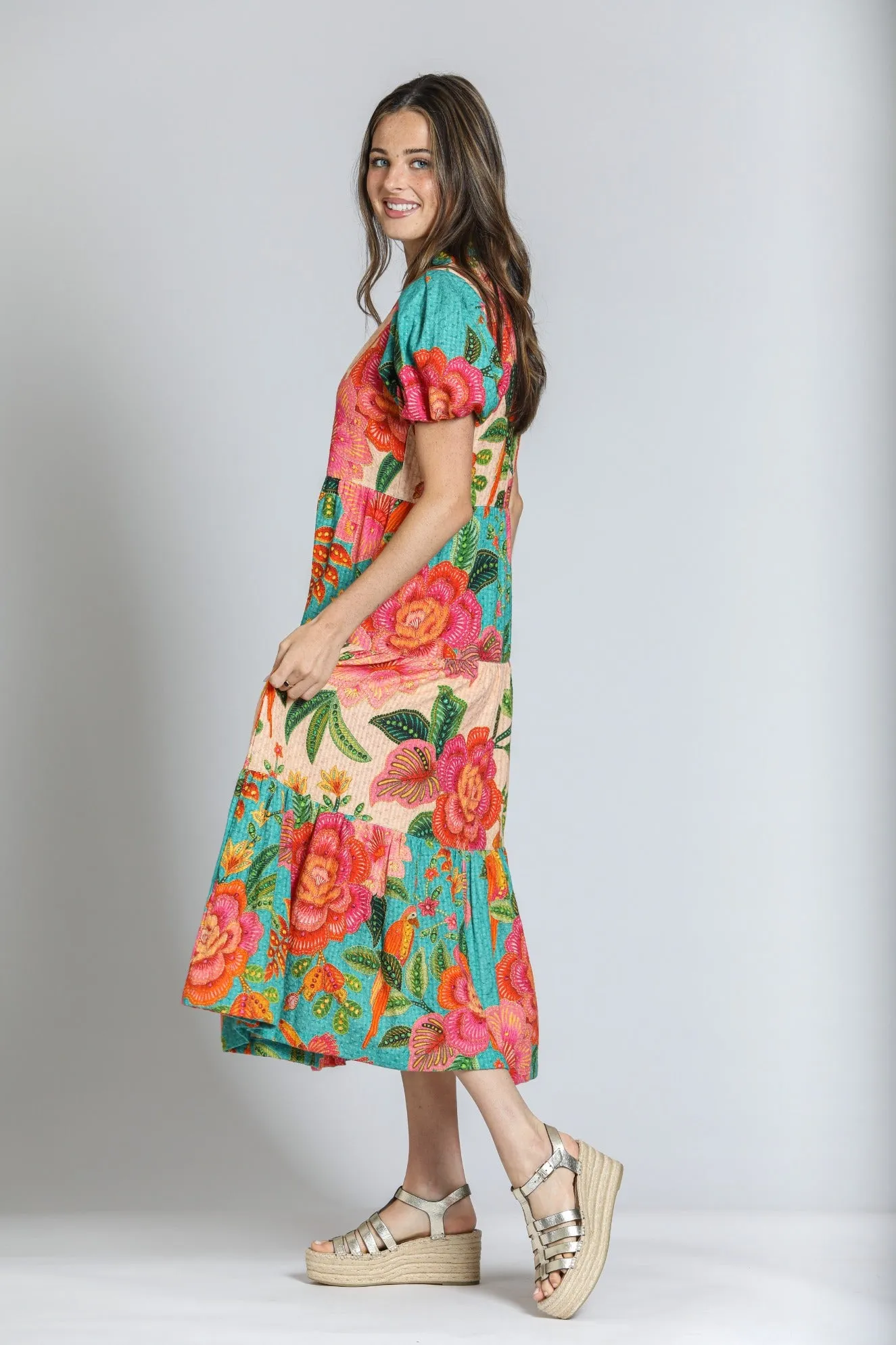 APNY Mixed Print Long Tiered Dress - Turquoise Multi