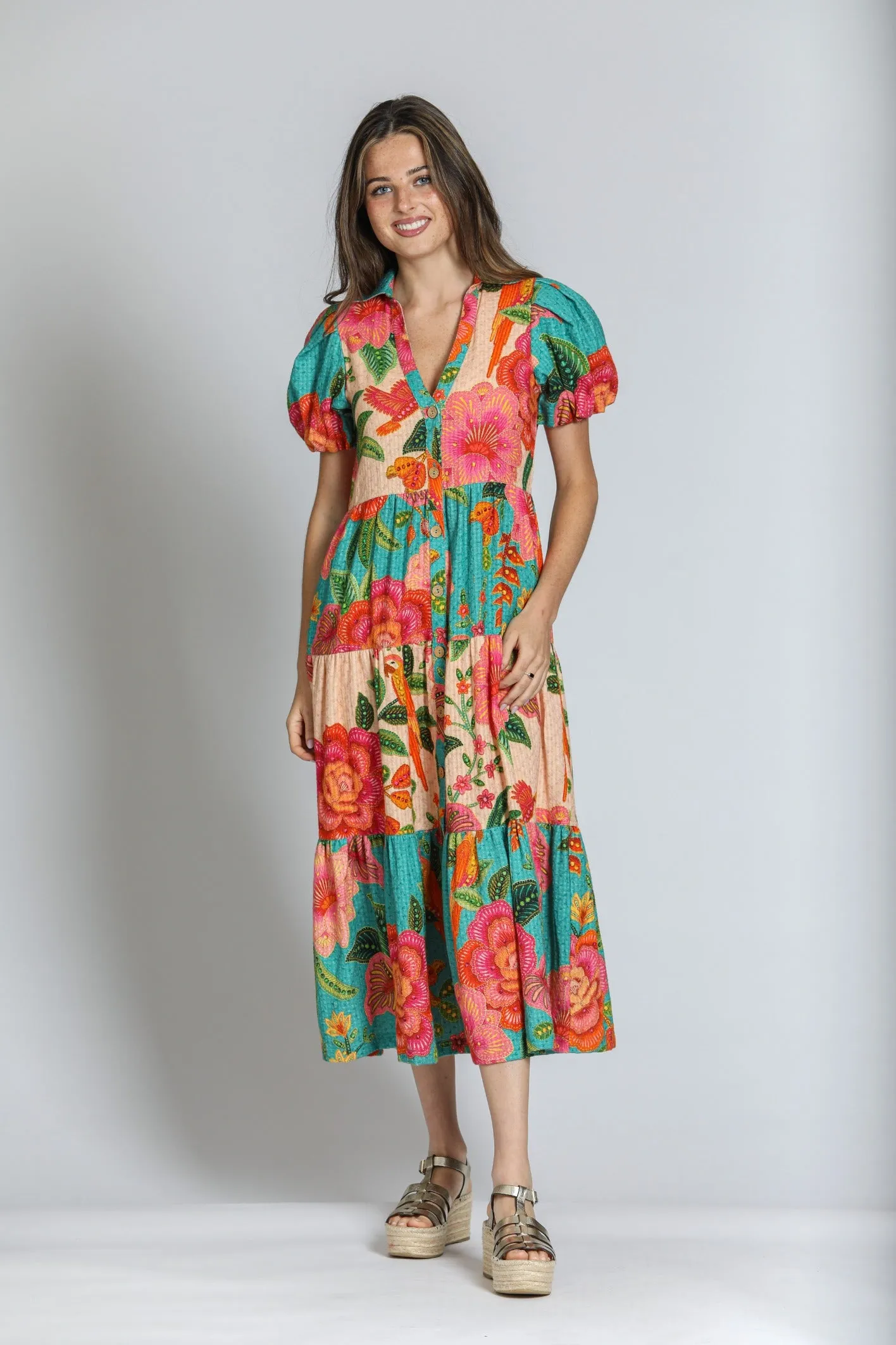 APNY Mixed Print Long Tiered Dress - Turquoise Multi