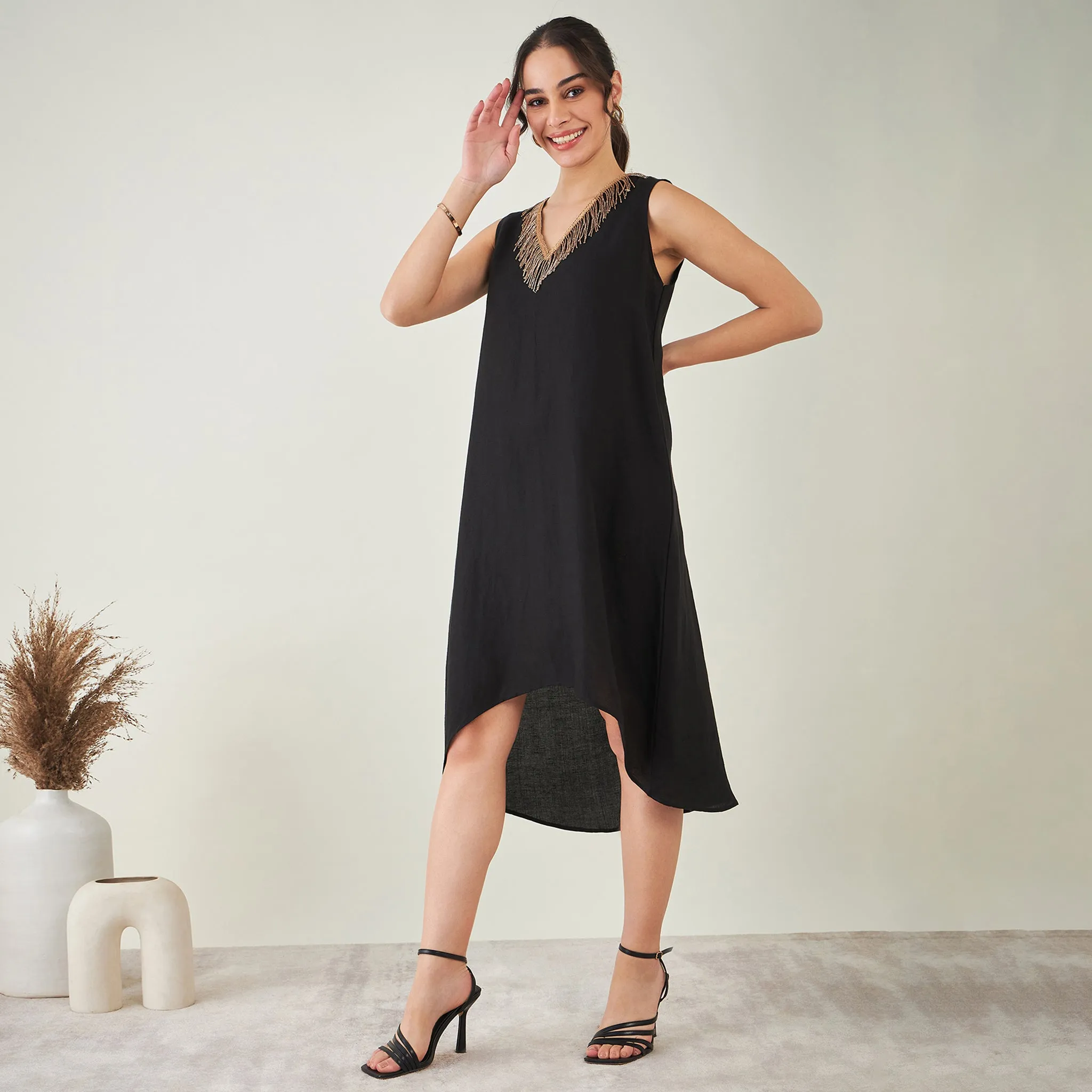 Black A-Line Linen Dress with Cut Dana Lace Detail