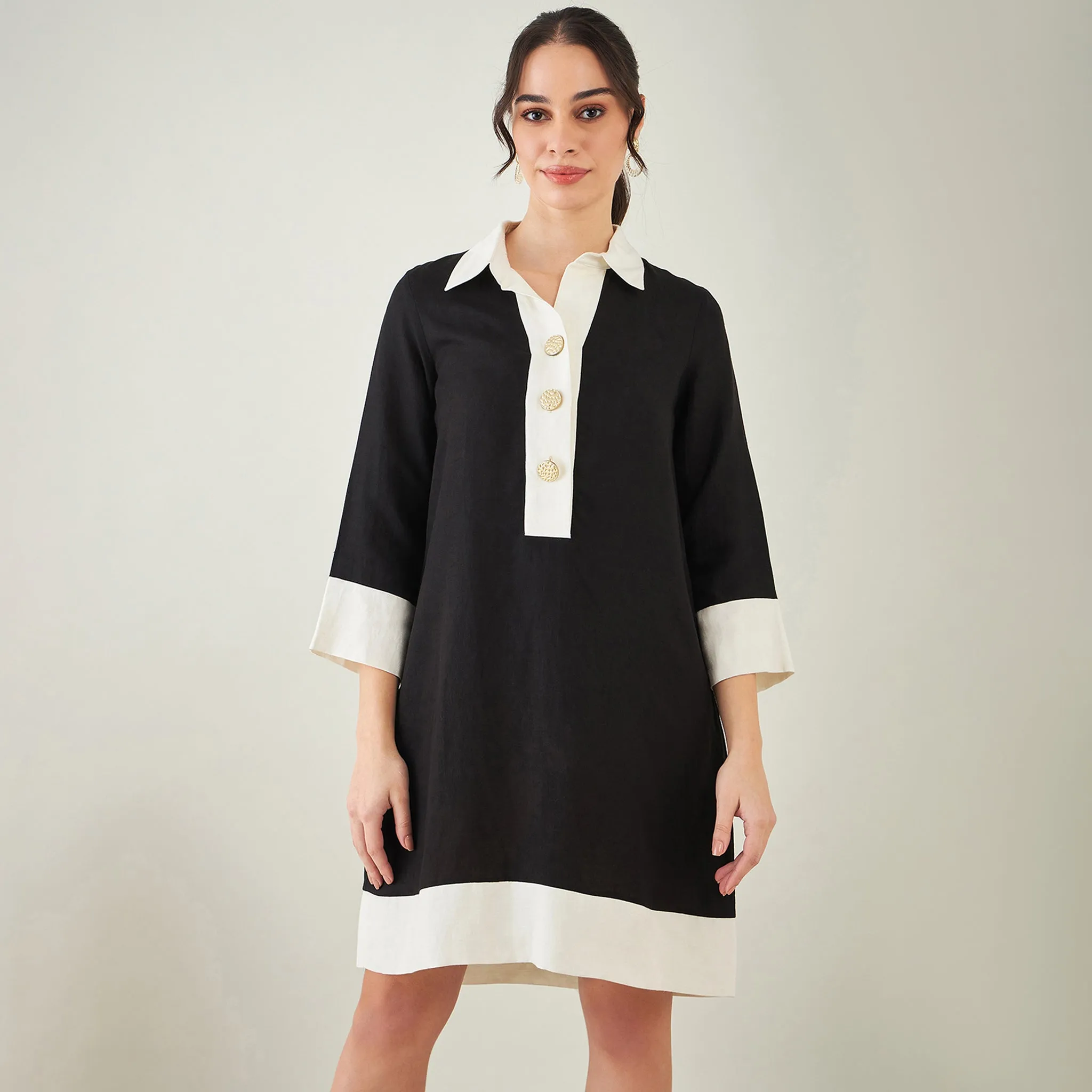 Black and Off-White Linen Shirt Dress