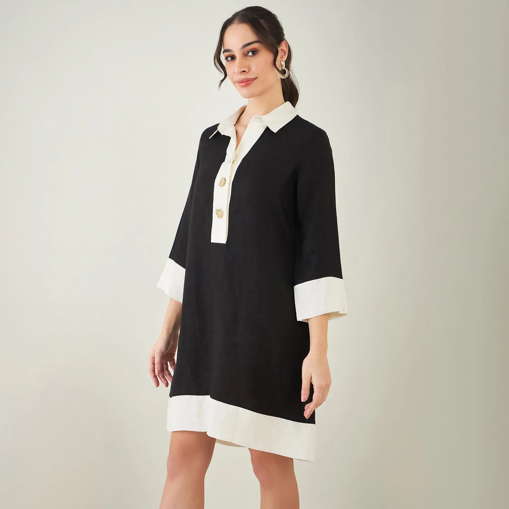 Black and Off-White Linen Shirt Dress