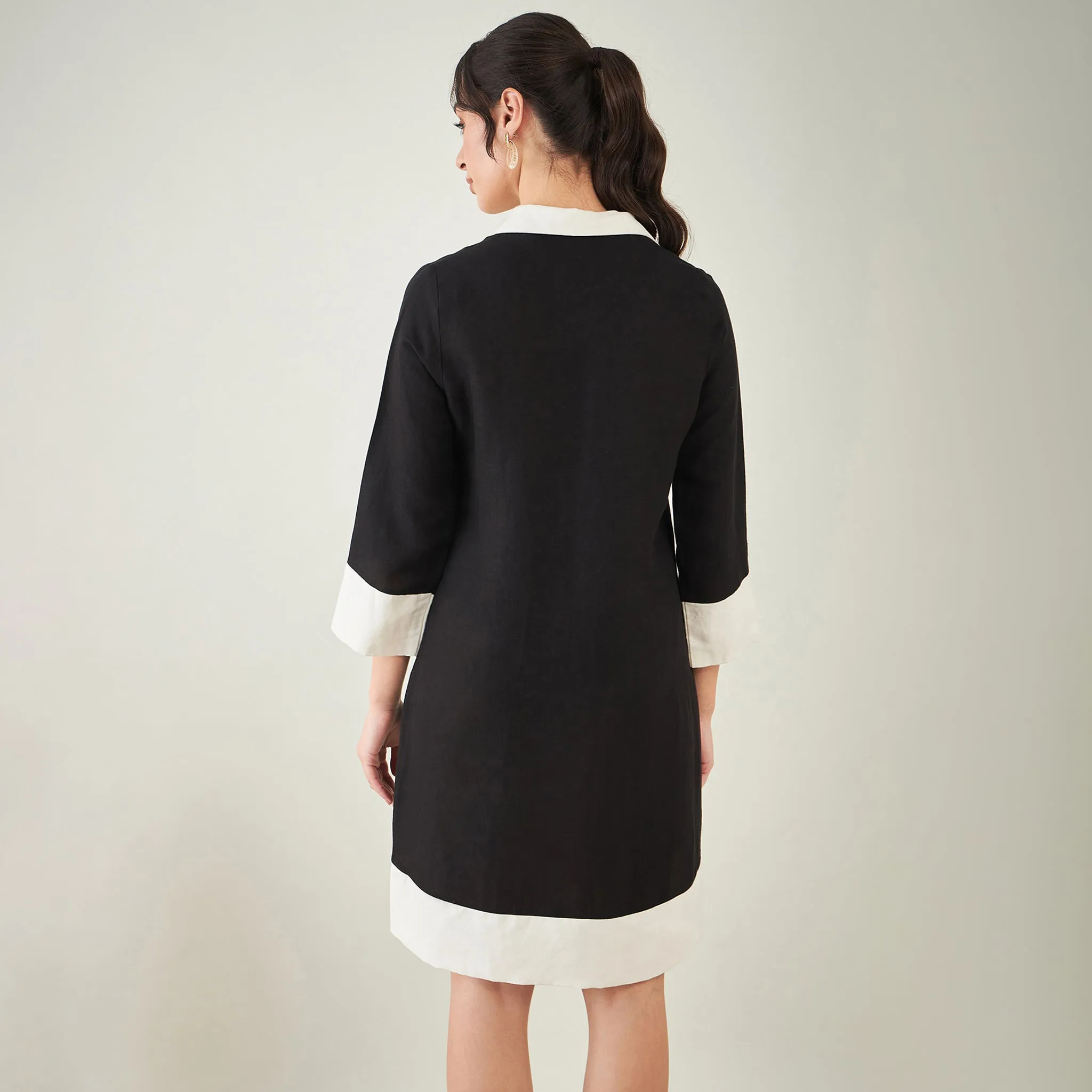 Black and Off-White Linen Shirt Dress