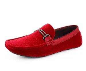 Crimson Velvet Elegance Men’s Flower Embossed Velvet Moccasins