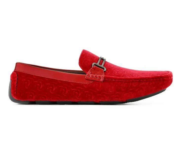 Crimson Velvet Elegance Men’s Flower Embossed Velvet Moccasins