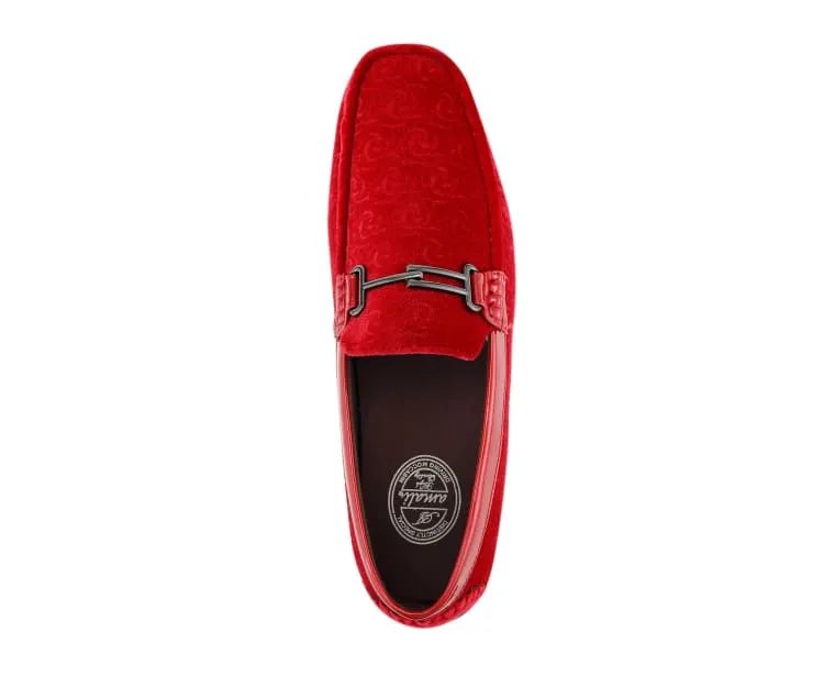 Crimson Velvet Elegance Men’s Flower Embossed Velvet Moccasins