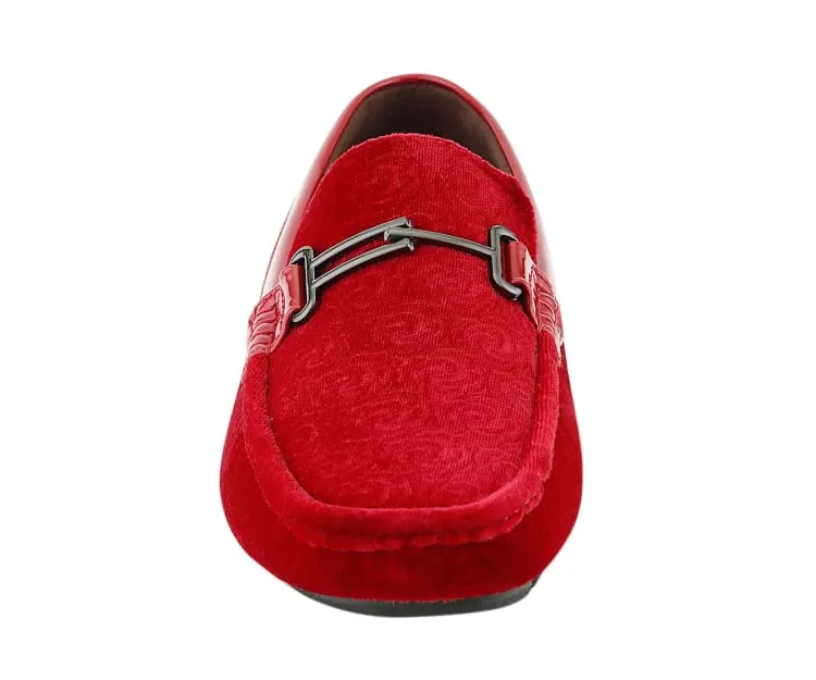 Crimson Velvet Elegance Men’s Flower Embossed Velvet Moccasins