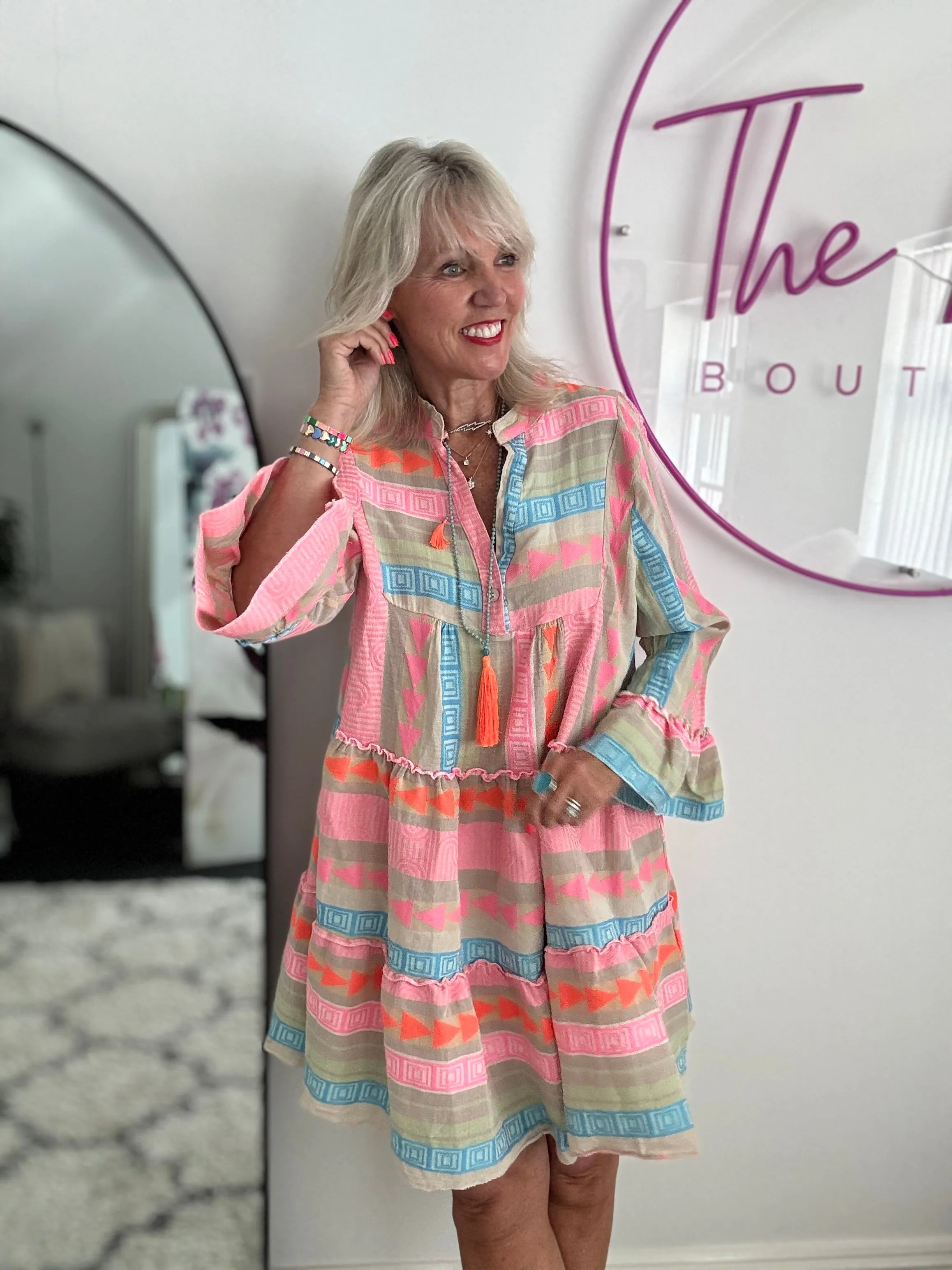 Embroidered Knee Length Dress in Khaki & Pink