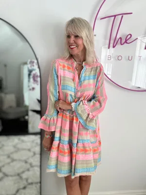 Embroidered Knee Length Dress in Khaki & Pink