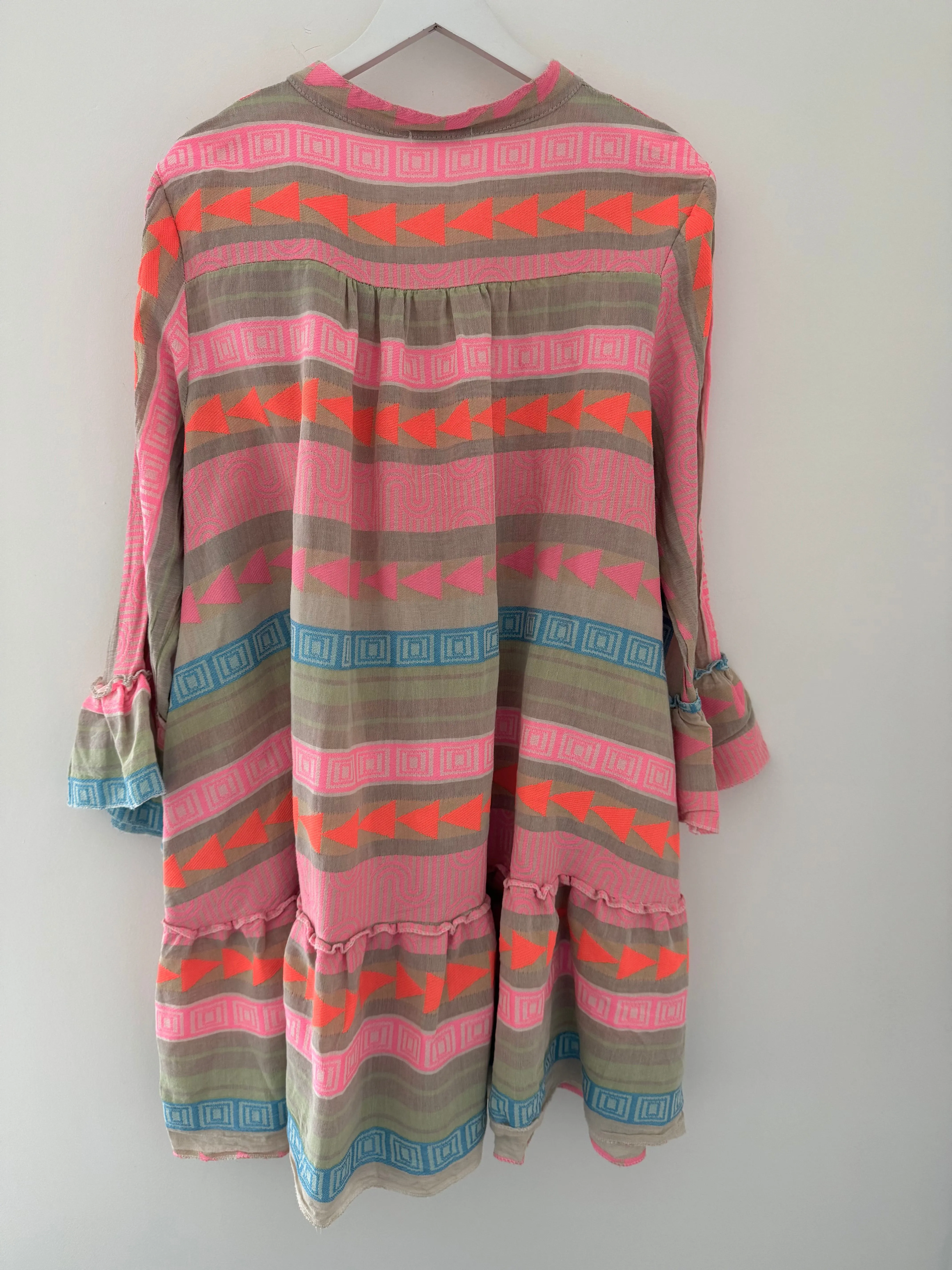 Embroidered Knee Length Dress in Khaki & Pink