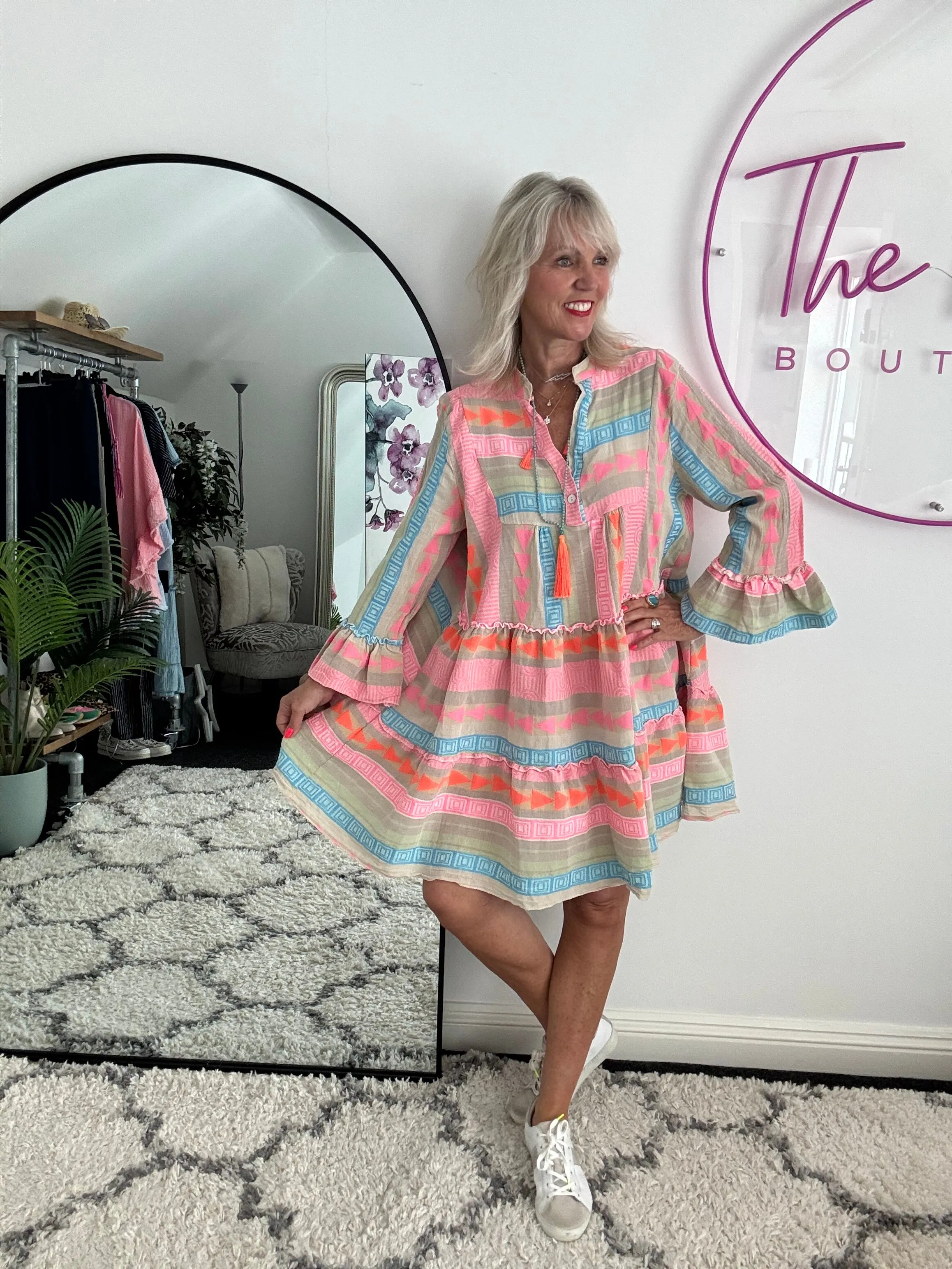 Embroidered Knee Length Dress in Khaki & Pink