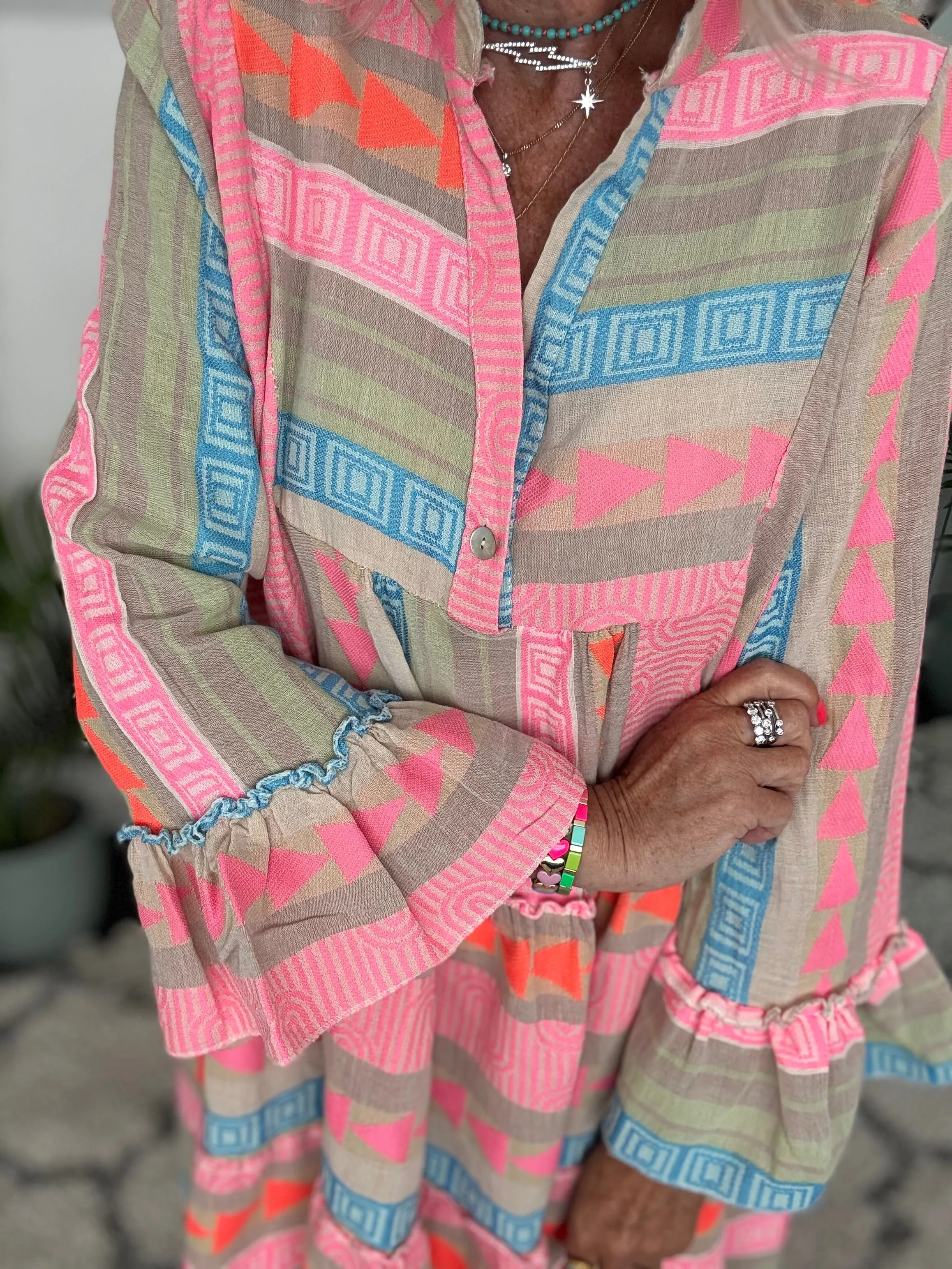 Embroidered Knee Length Dress in Khaki & Pink