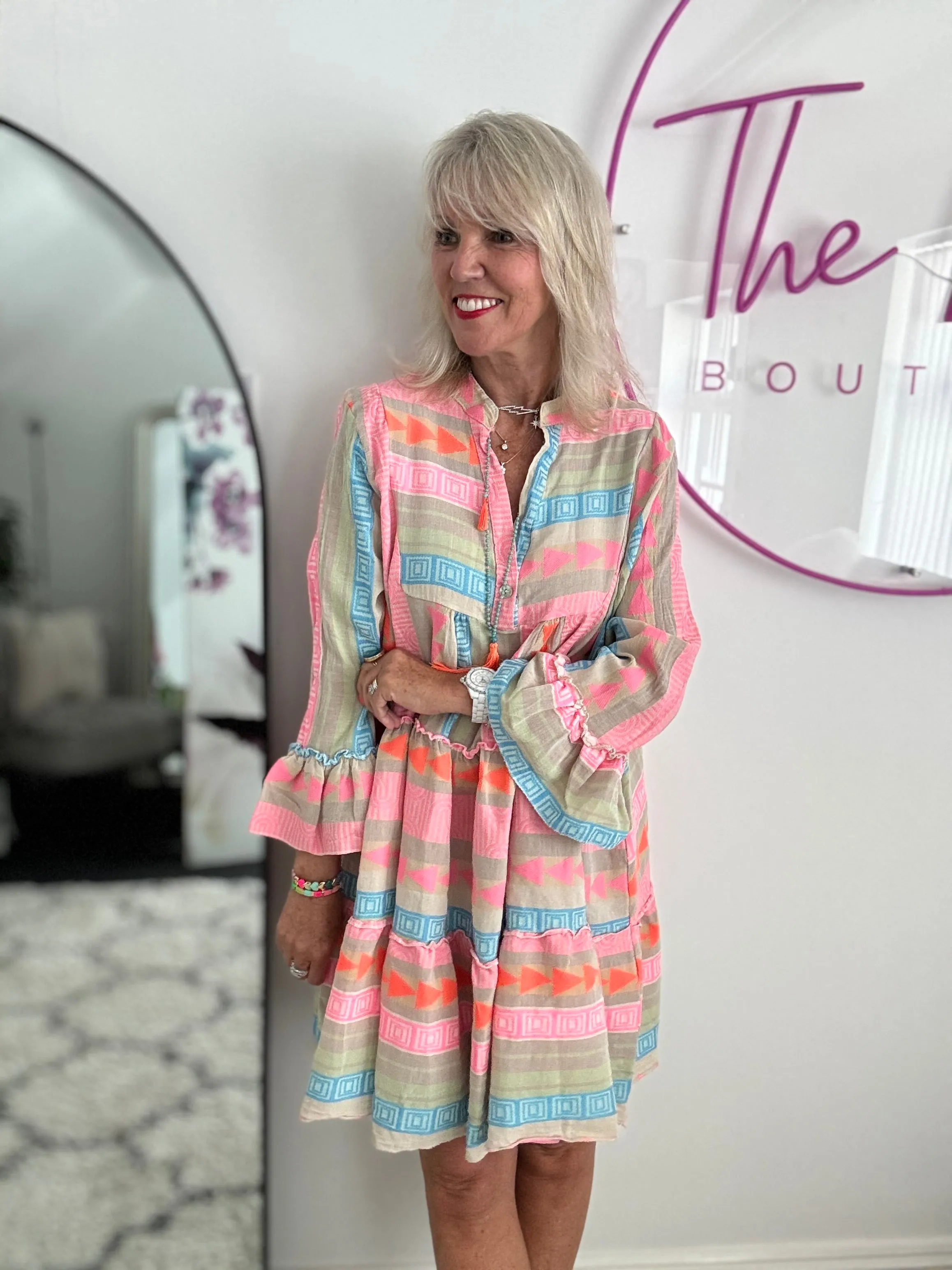 Embroidered Knee Length Dress in Khaki & Pink