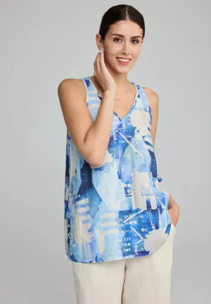 FIORA – Sleeveless Linen Blouse with Monochrome Print