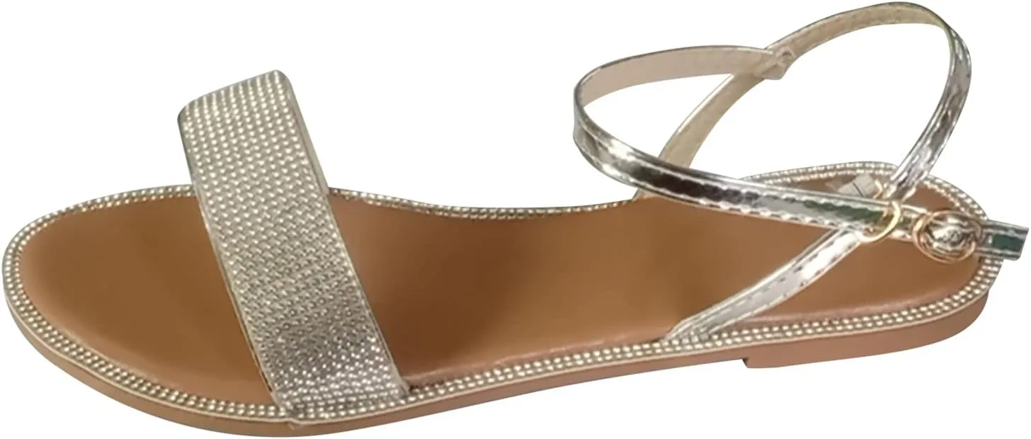 Flat Sandals for Women Dressy Open Toe Buckle Ankle Strap Shoes Trendy Rhinestone Wide Width Beach Walking Shoes