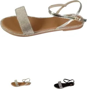 Flat Sandals for Women Dressy Open Toe Buckle Ankle Strap Shoes Trendy Rhinestone Wide Width Beach Walking Shoes