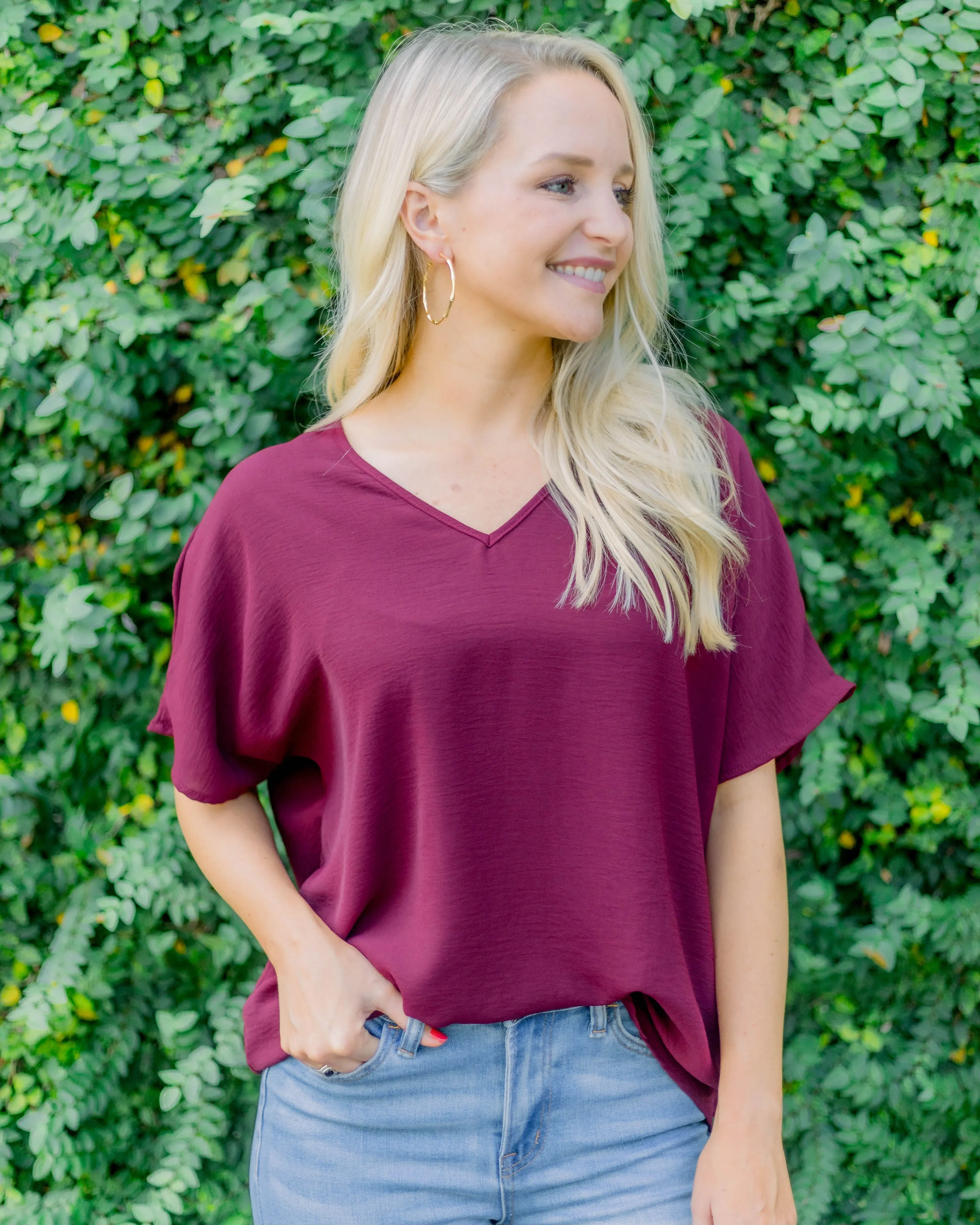 Flowy V Blouse- Burgundy