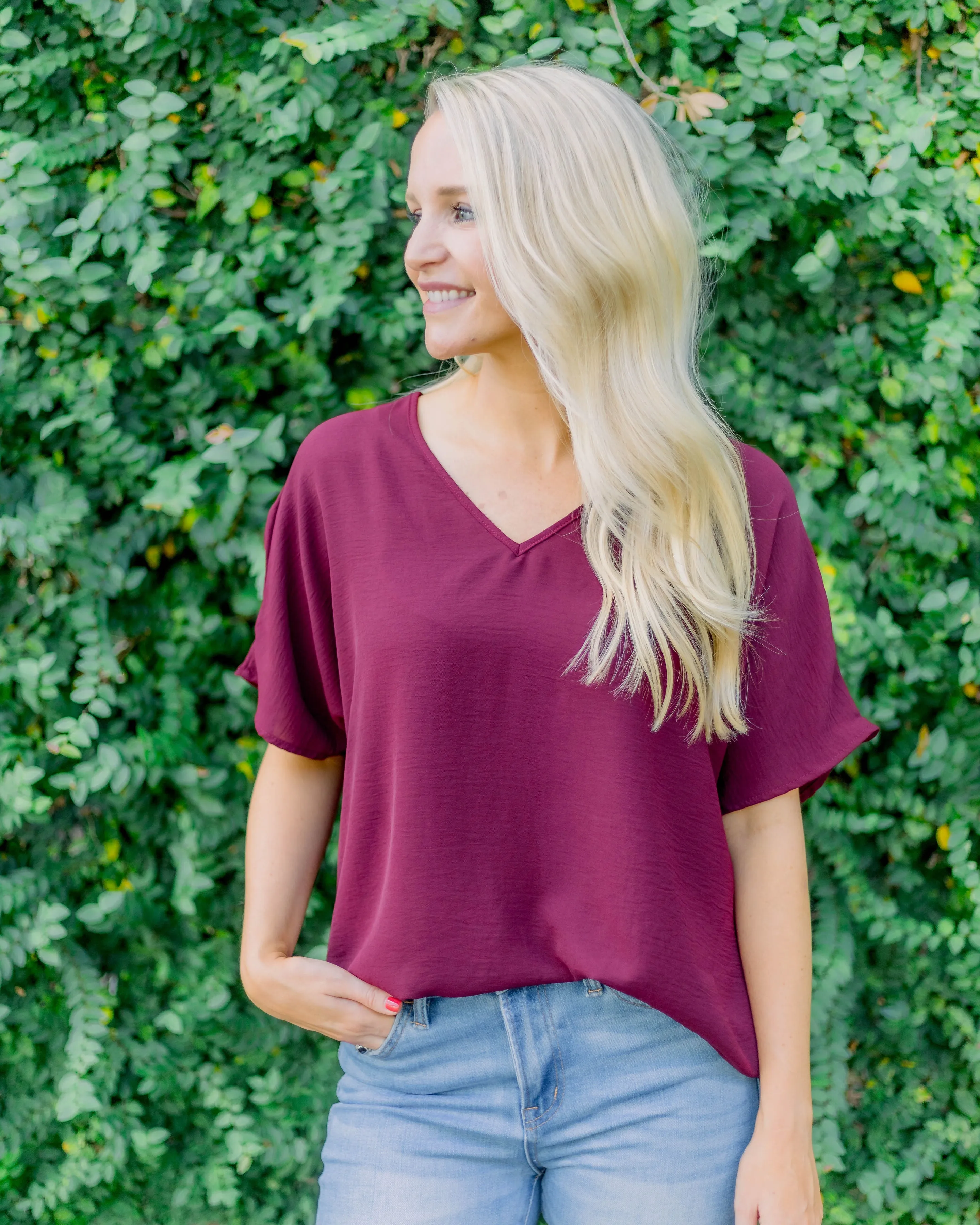 Flowy V Blouse- Burgundy