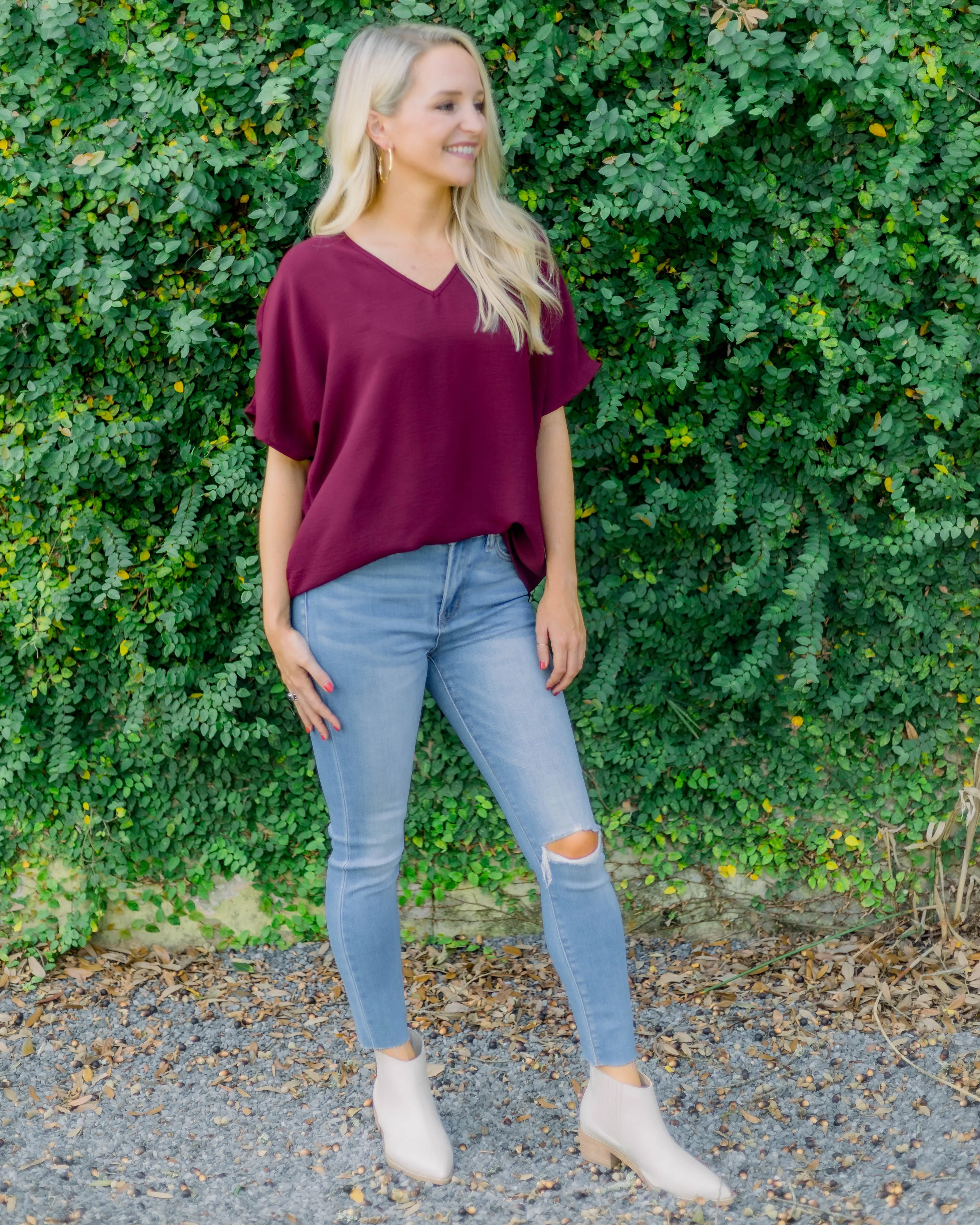 Flowy V Blouse- Burgundy