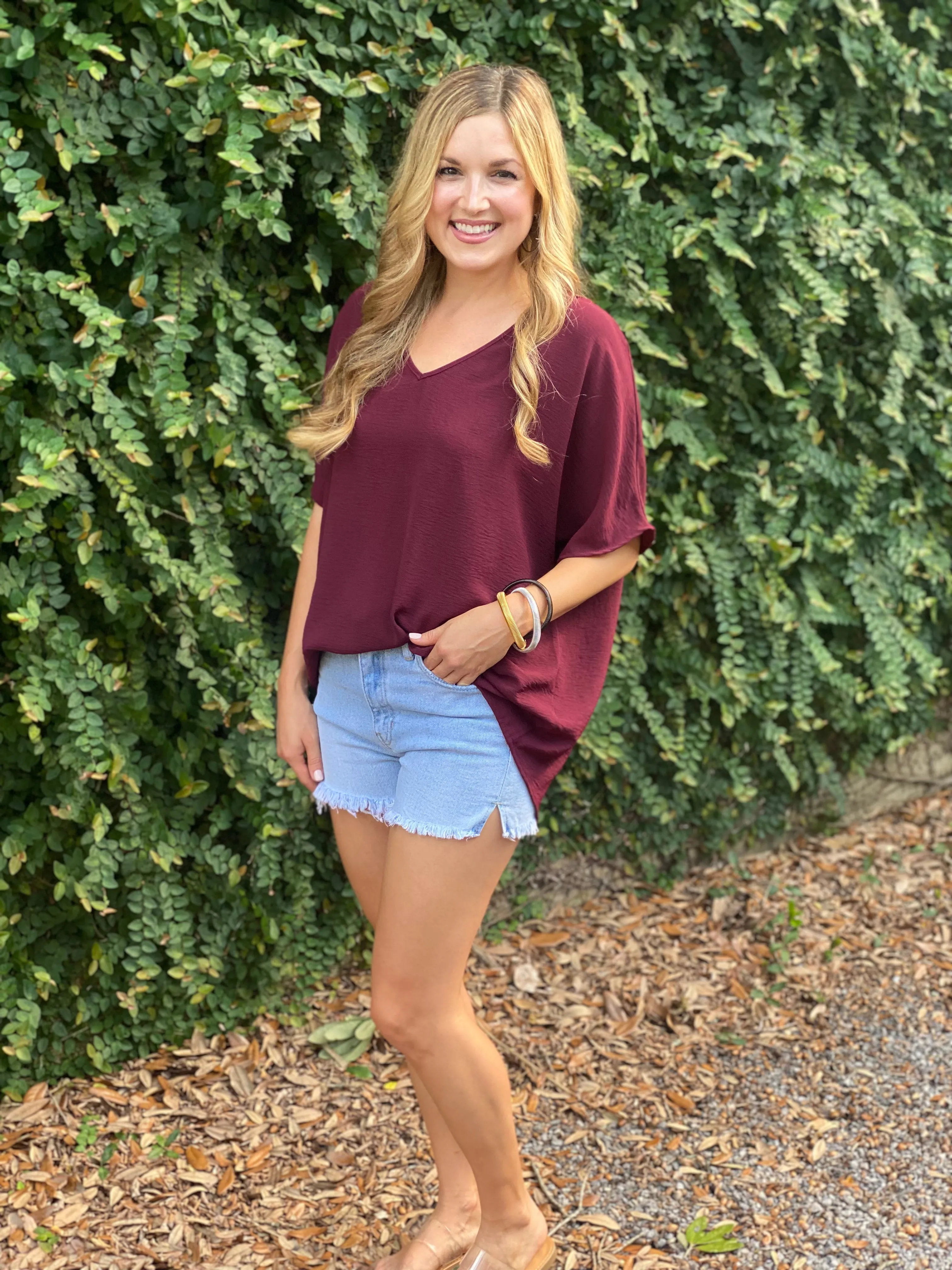 Flowy V Blouse- Burgundy
