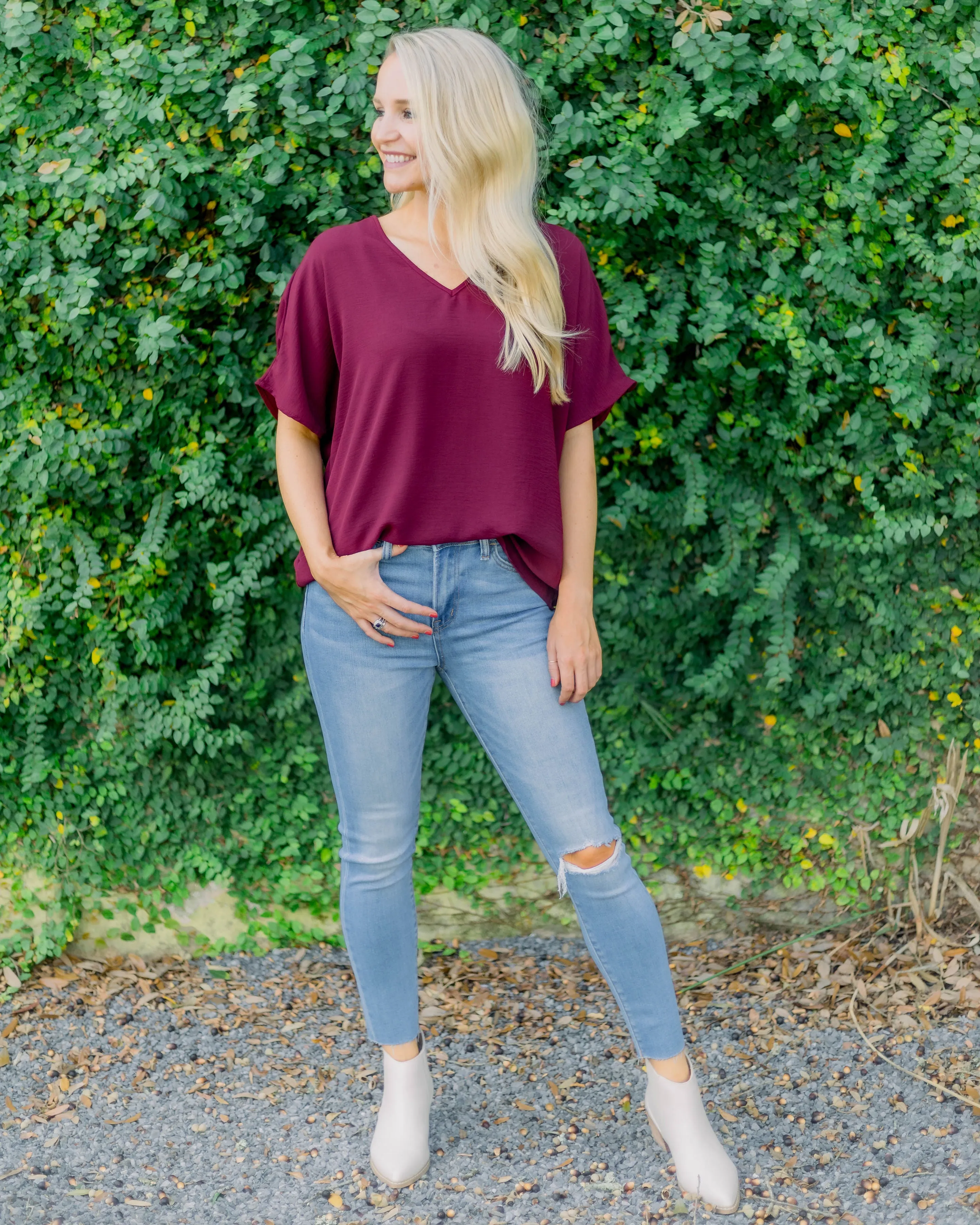 Flowy V Blouse- Burgundy