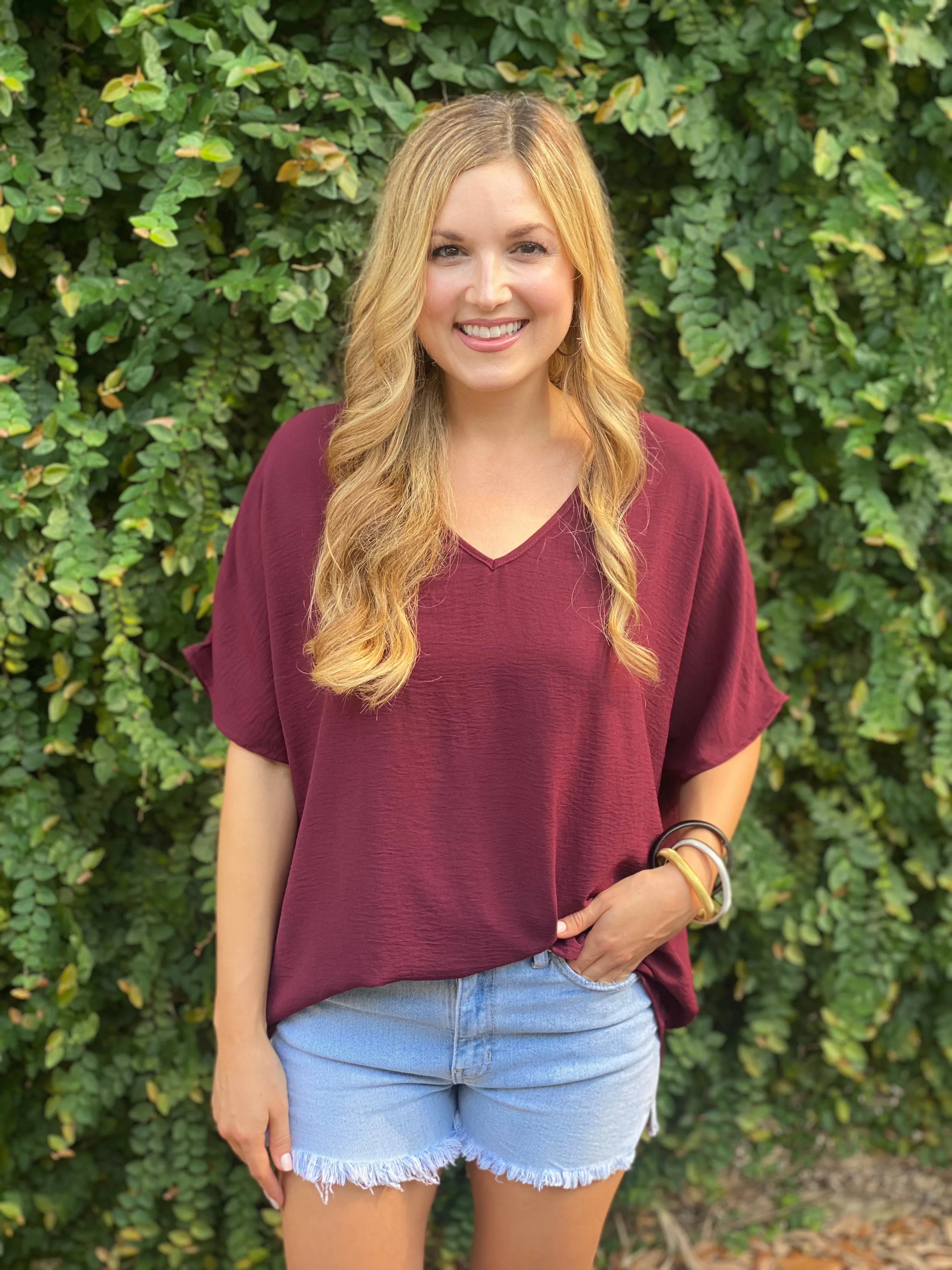Flowy V Blouse- Burgundy