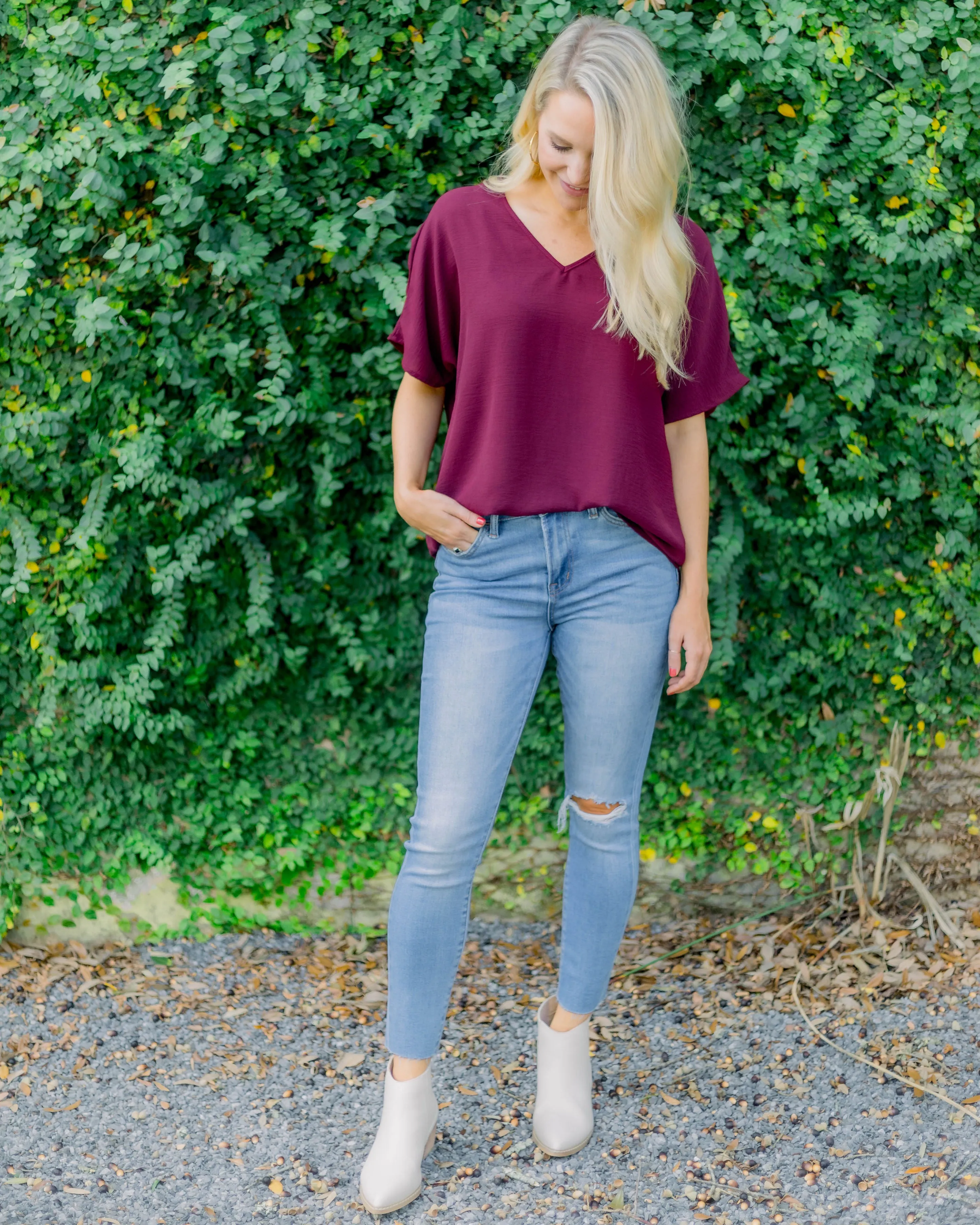 Flowy V Blouse- Burgundy