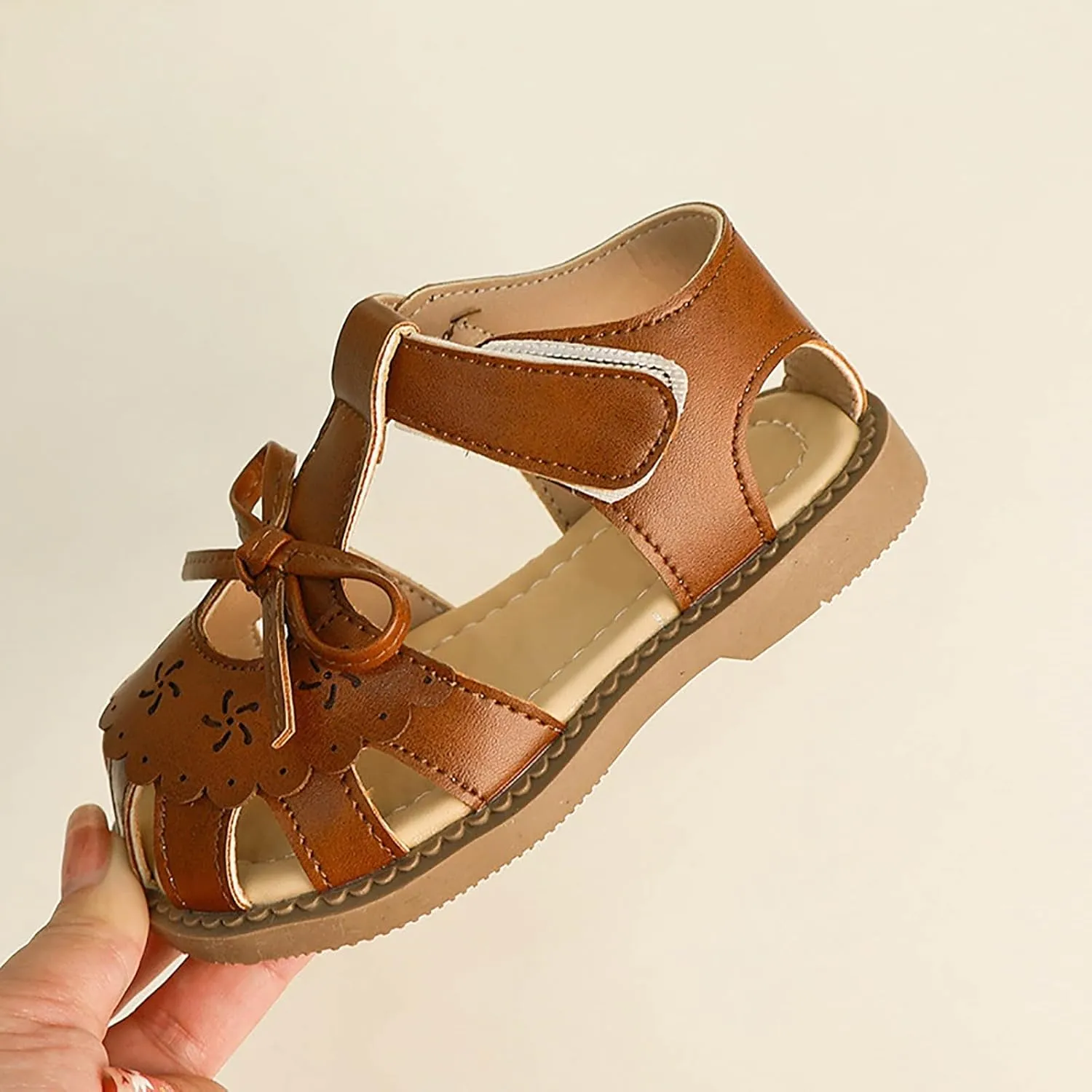 Girls Sandals Bowknot School Dress Shoes Open Toe Slip On Flat Sandals Anti-Slip Walking Shoes For Toddler