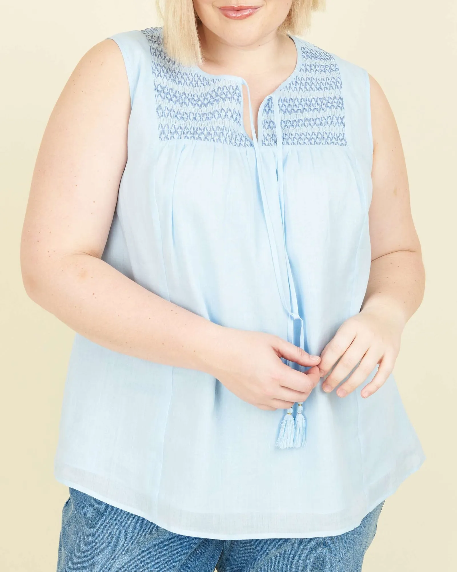 Jade Smocked Prep School Linen Tank | LIGHT BLUE