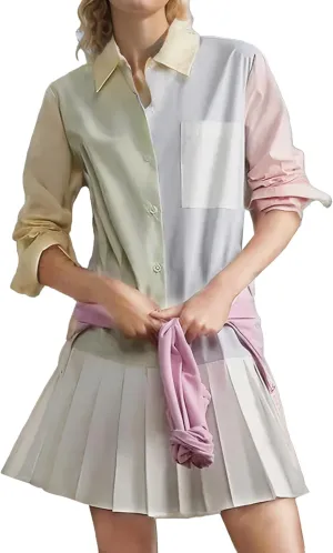 Kedera Women's Casual Shirt Dress Long Sleeve Colorblock 2025 Spring Button Down Mini Skirt Babydoll Pleated Dresses