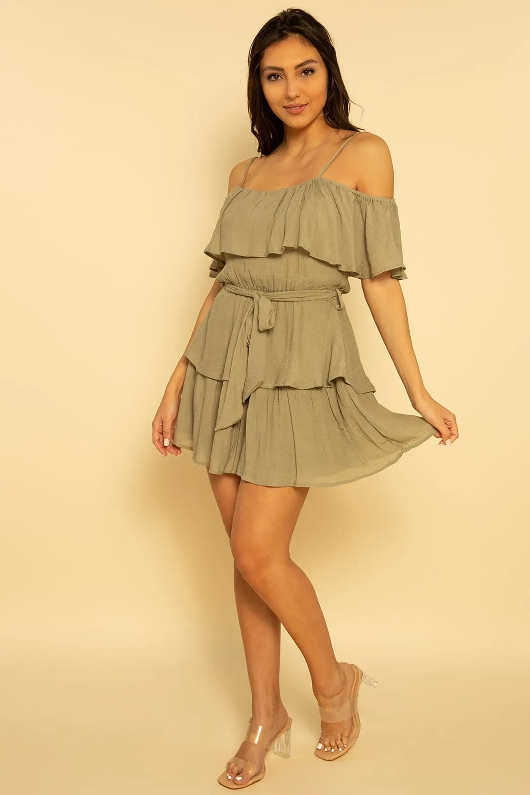 Khaki Green Off The Shoulder Ruffle Belted Dress