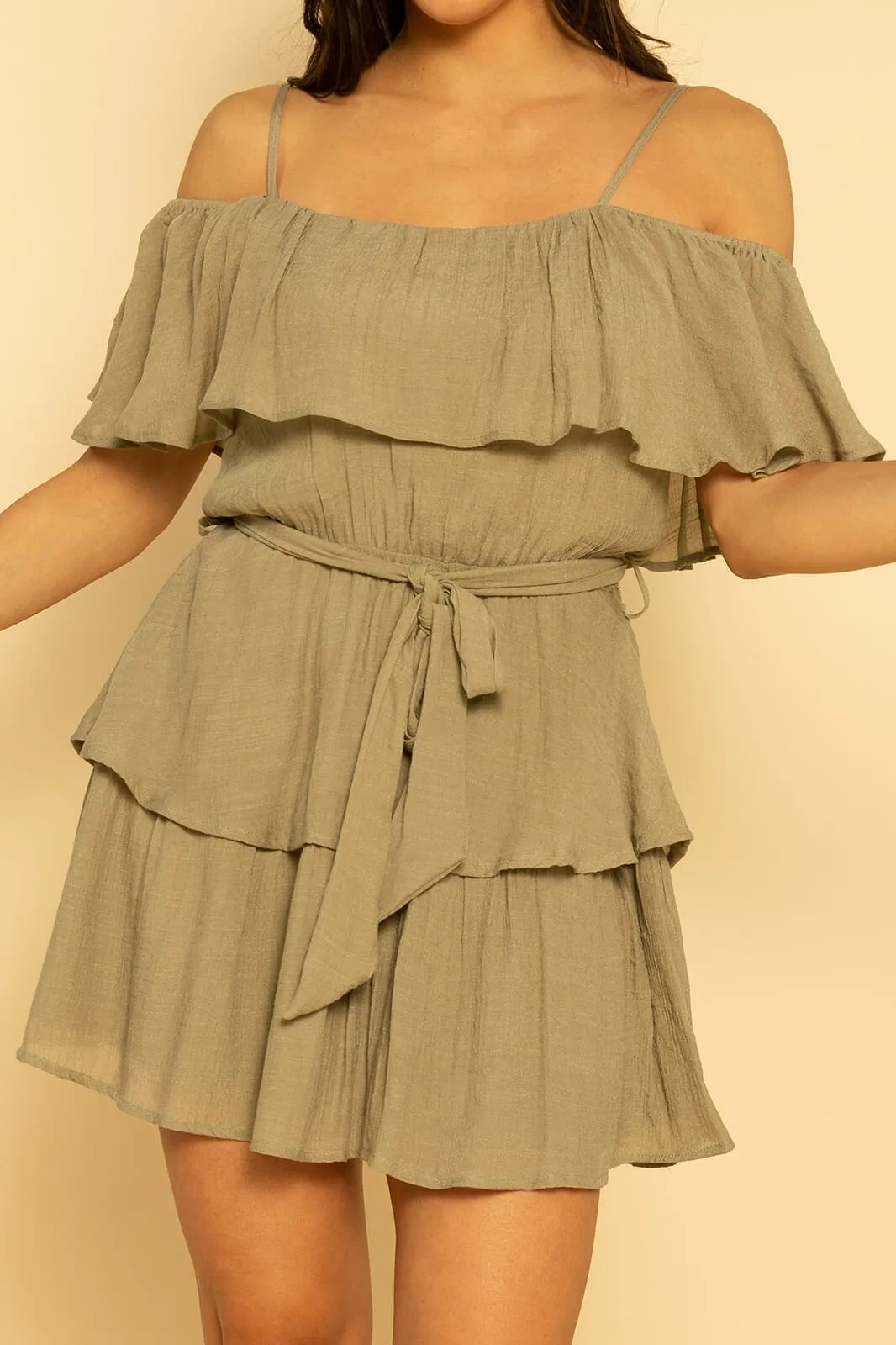 Khaki Green Off The Shoulder Ruffle Belted Dress