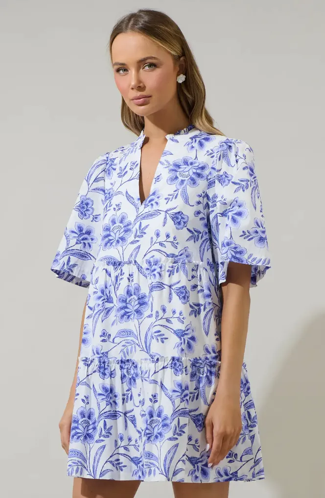 MAEVE FLORAL DIXIE SPLIT NECK SHIFT DRESS IN COBALT