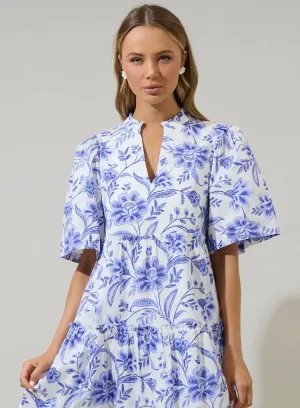 MAEVE FLORAL DIXIE SPLIT NECK SHIFT DRESS IN COBALT