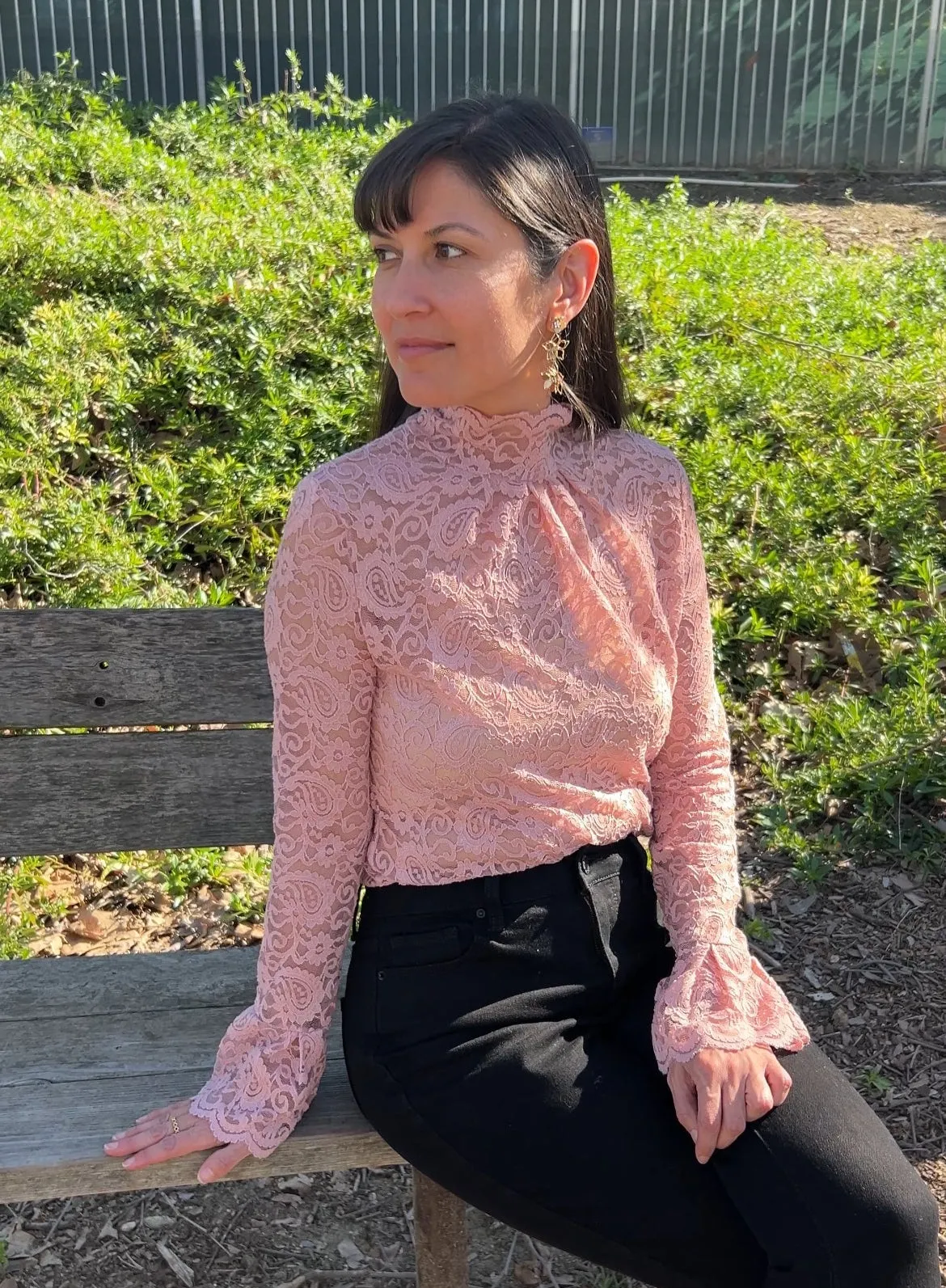 Pink Floral Lace Mock Neck Top with Flare Sleeves