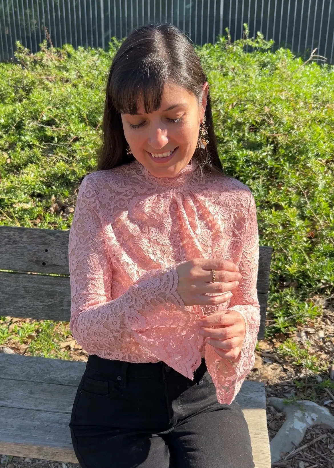 Pink Floral Lace Mock Neck Top with Flare Sleeves