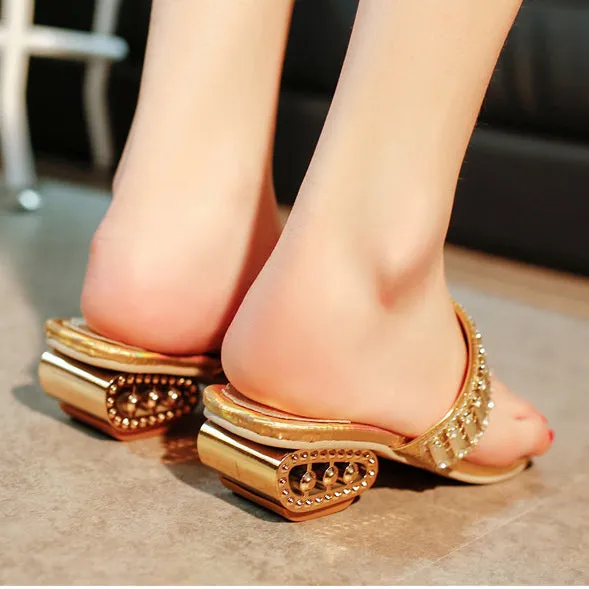 PU Chunky Heel Slip-on Summer Slipper Sandals