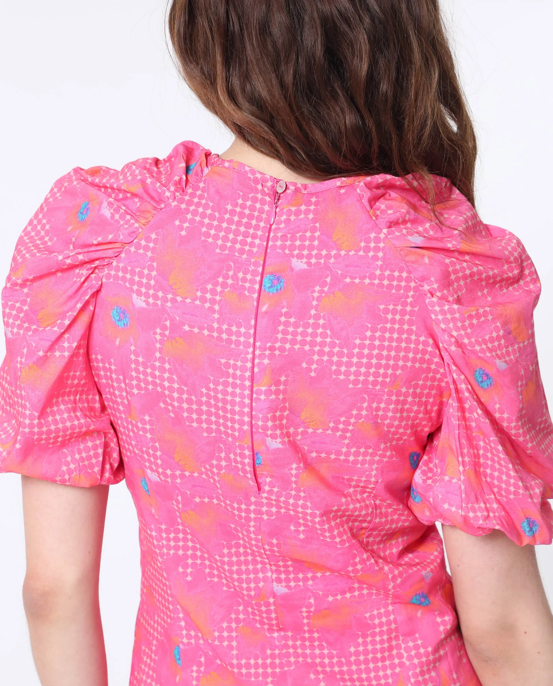Rareism Women Clark Fluorescent Pink Cotton Fabric Short Sleeves Zip Closure Round Neck Puff Sleeve Slim Fit Floral Print Short Asymmetric Dress