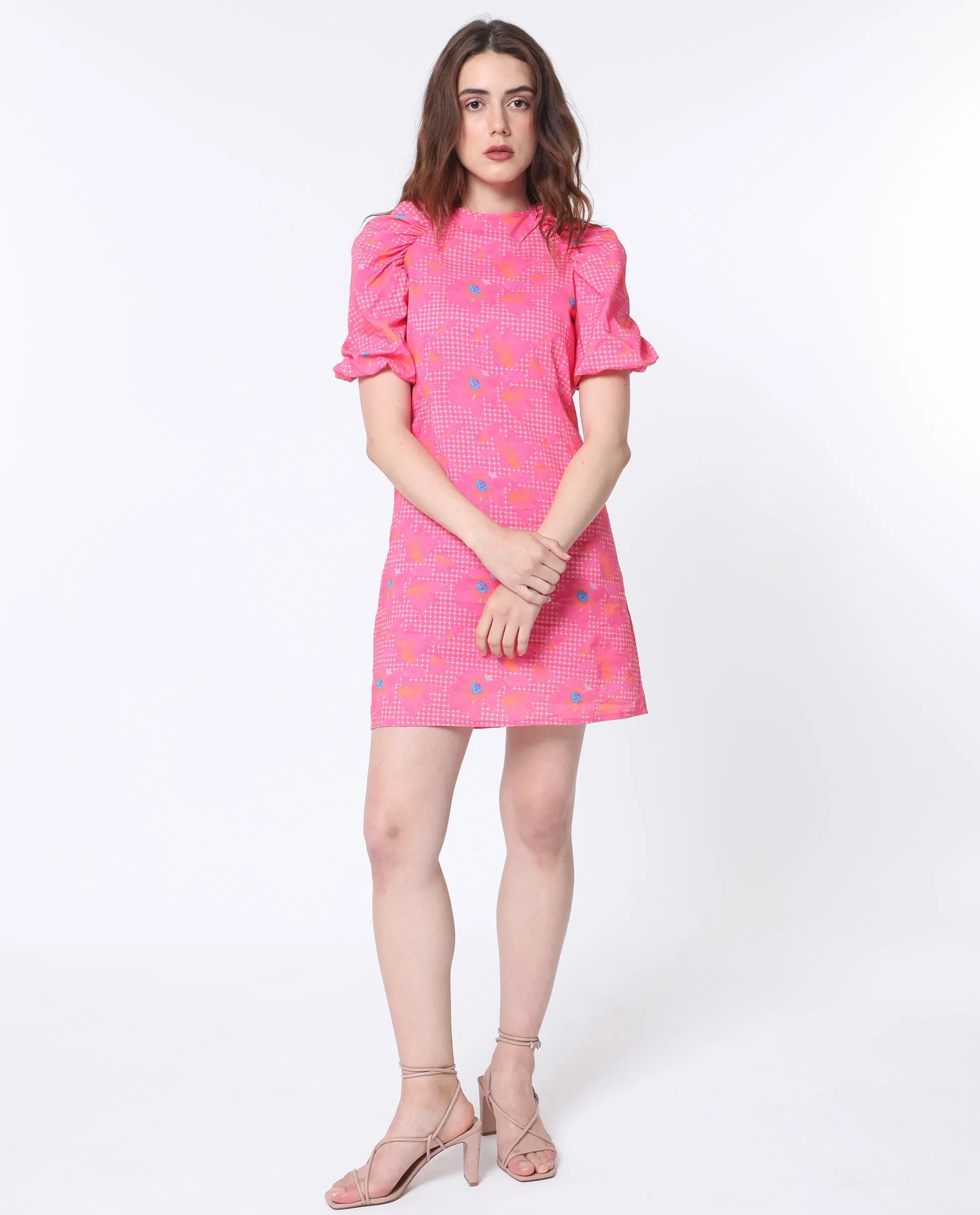Rareism Women Clark Fluorescent Pink Cotton Fabric Short Sleeves Zip Closure Round Neck Puff Sleeve Slim Fit Floral Print Short Asymmetric Dress