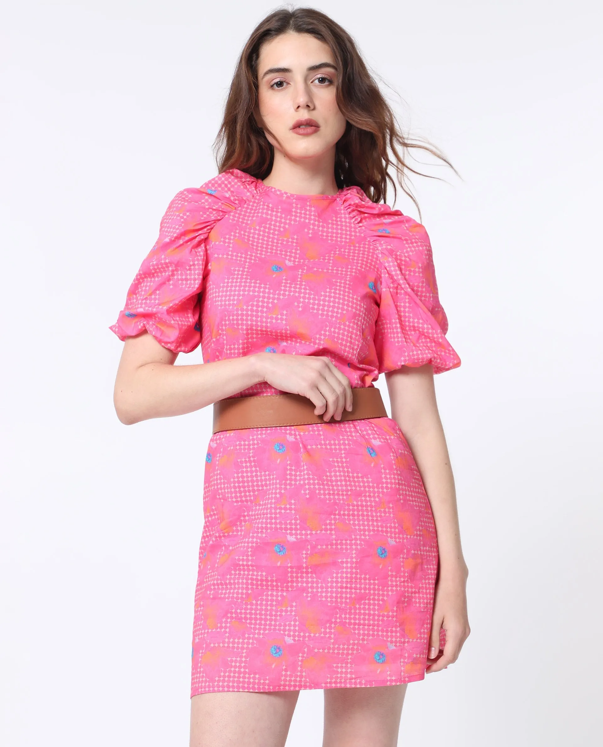 Rareism Women Clark Fluorescent Pink Cotton Fabric Short Sleeves Zip Closure Round Neck Puff Sleeve Slim Fit Floral Print Short Asymmetric Dress