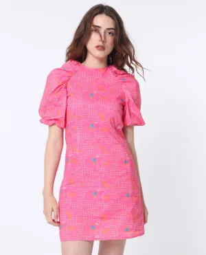 Rareism Women Clark Fluorescent Pink Cotton Fabric Short Sleeves Zip Closure Round Neck Puff Sleeve Slim Fit Floral Print Short Asymmetric Dress