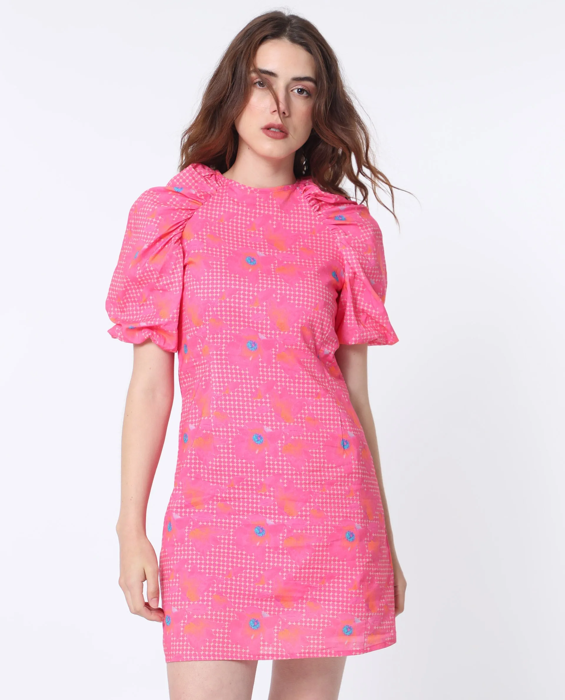 Rareism Women Clark Fluorescent Pink Cotton Fabric Short Sleeves Zip Closure Round Neck Puff Sleeve Slim Fit Floral Print Short Asymmetric Dress