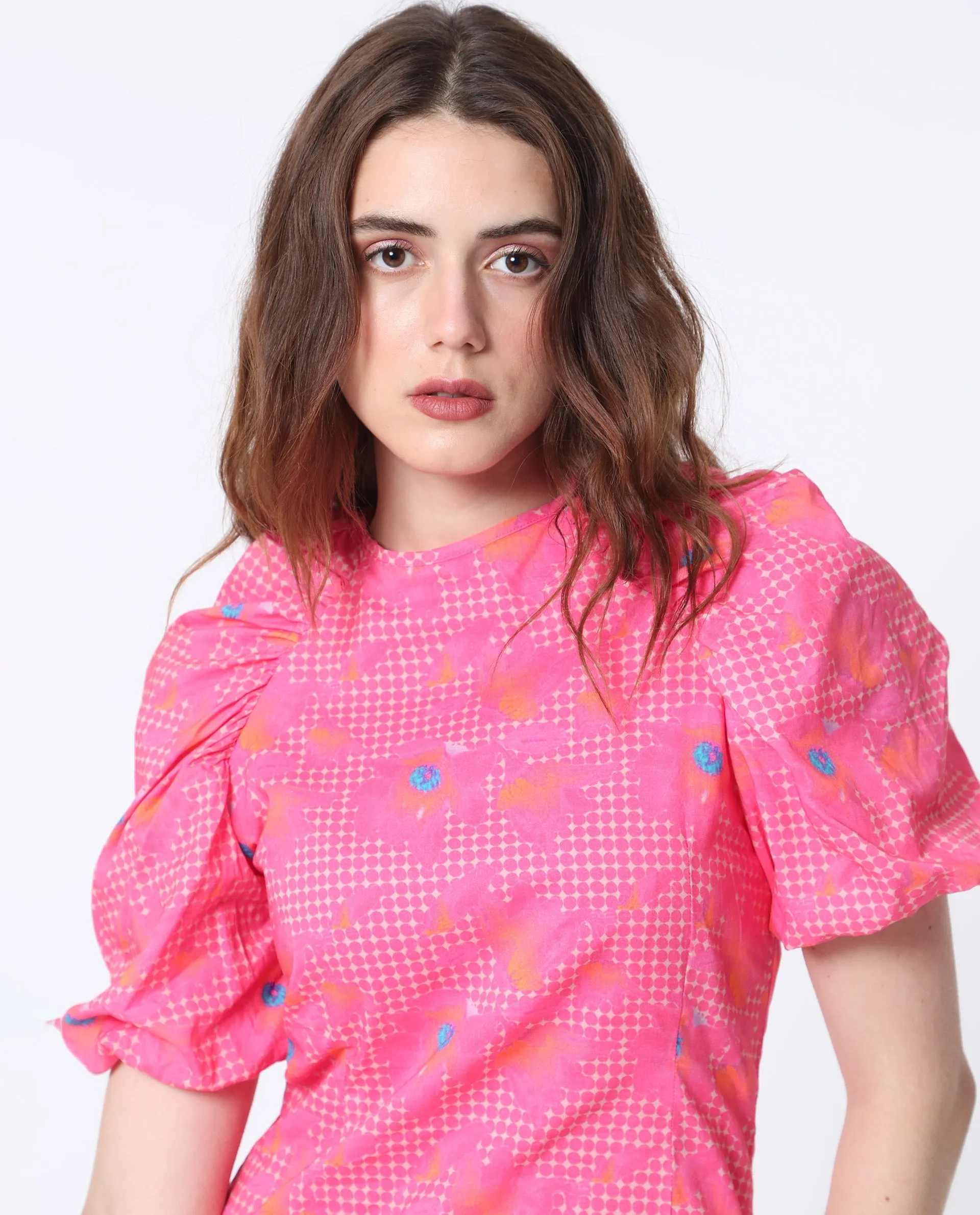 Rareism Women Clark Fluorescent Pink Cotton Fabric Short Sleeves Zip Closure Round Neck Puff Sleeve Slim Fit Floral Print Short Asymmetric Dress