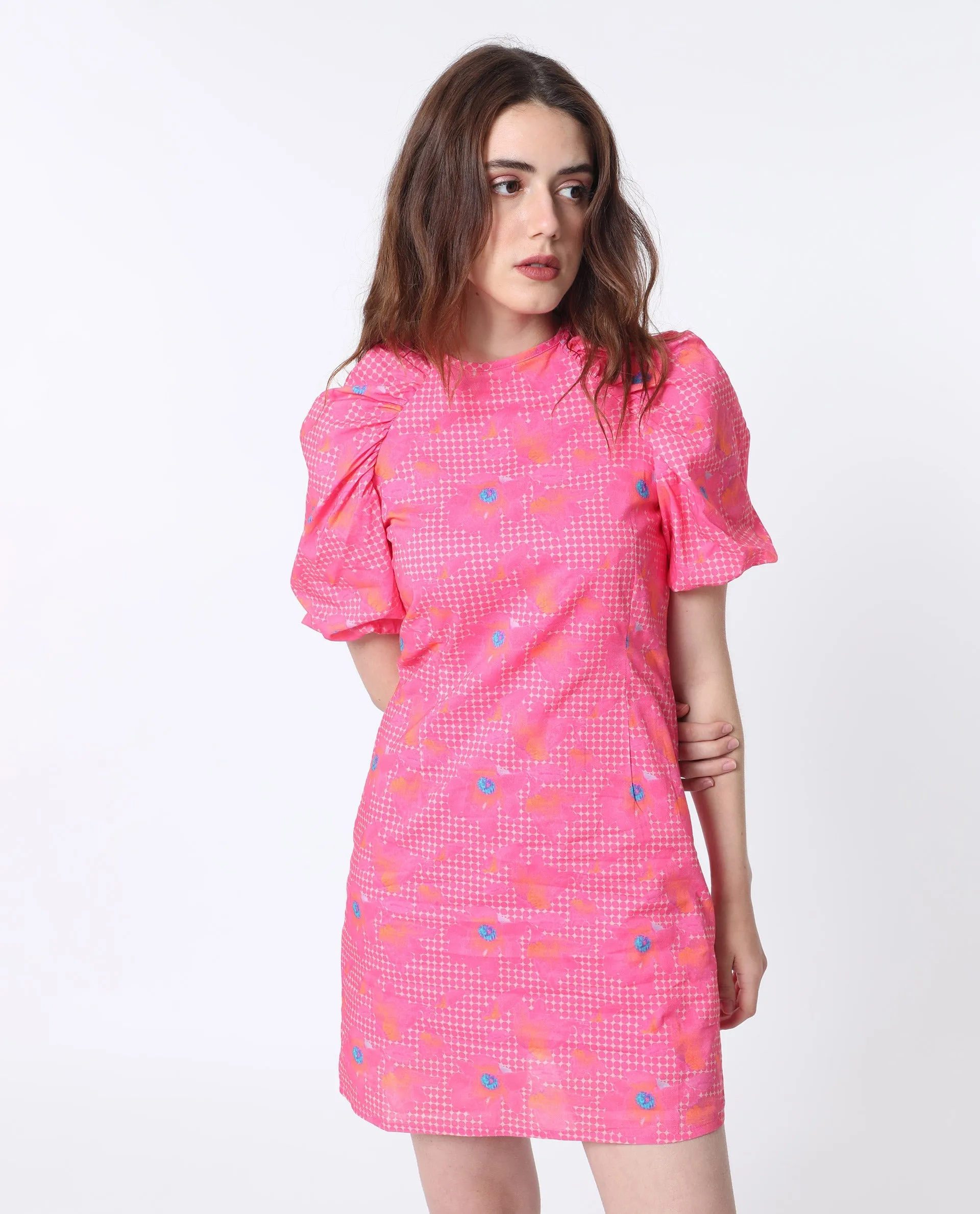 Rareism Women Clark Fluorescent Pink Cotton Fabric Short Sleeves Zip Closure Round Neck Puff Sleeve Slim Fit Floral Print Short Asymmetric Dress