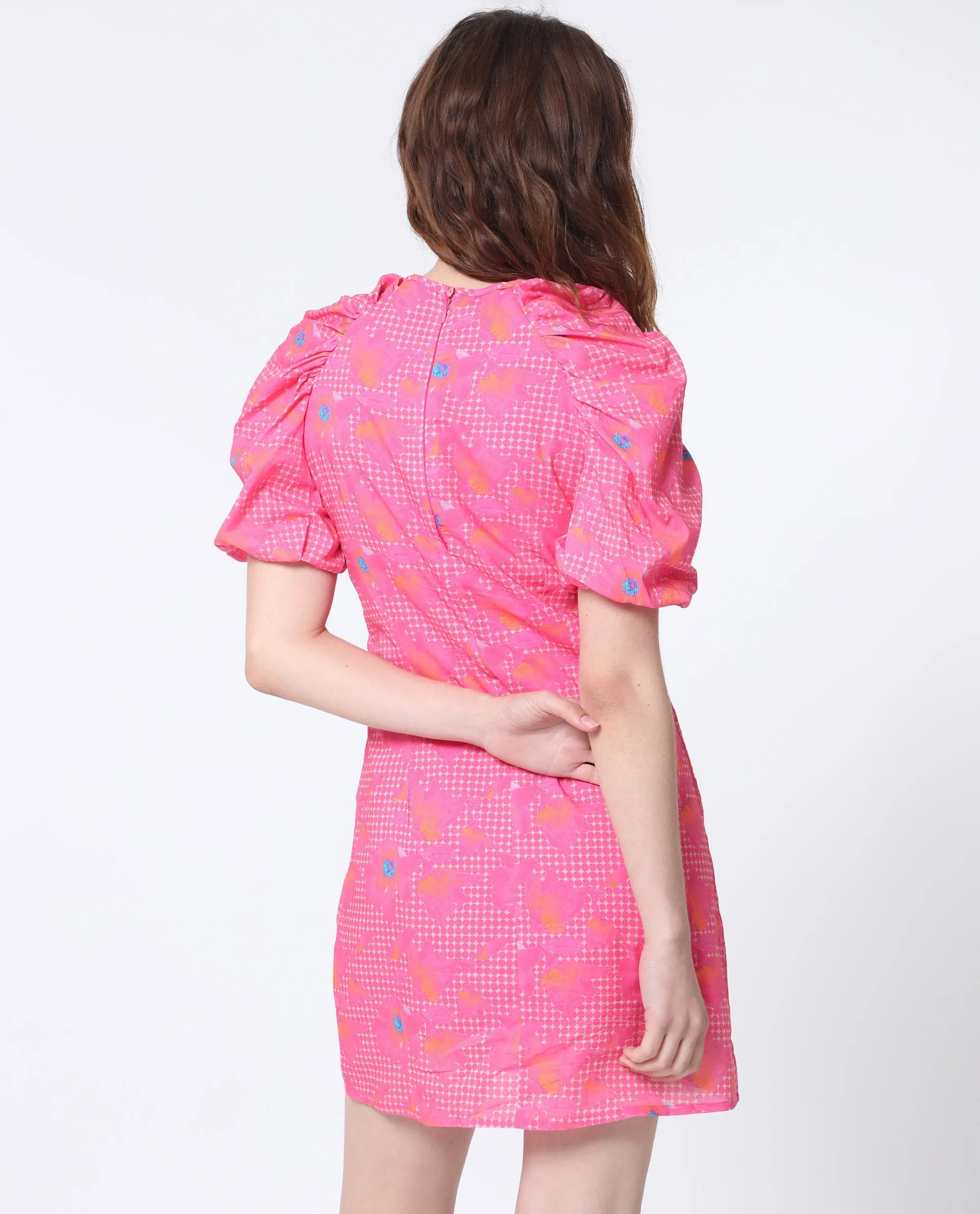 Rareism Women Clark Fluorescent Pink Cotton Fabric Short Sleeves Zip Closure Round Neck Puff Sleeve Slim Fit Floral Print Short Asymmetric Dress