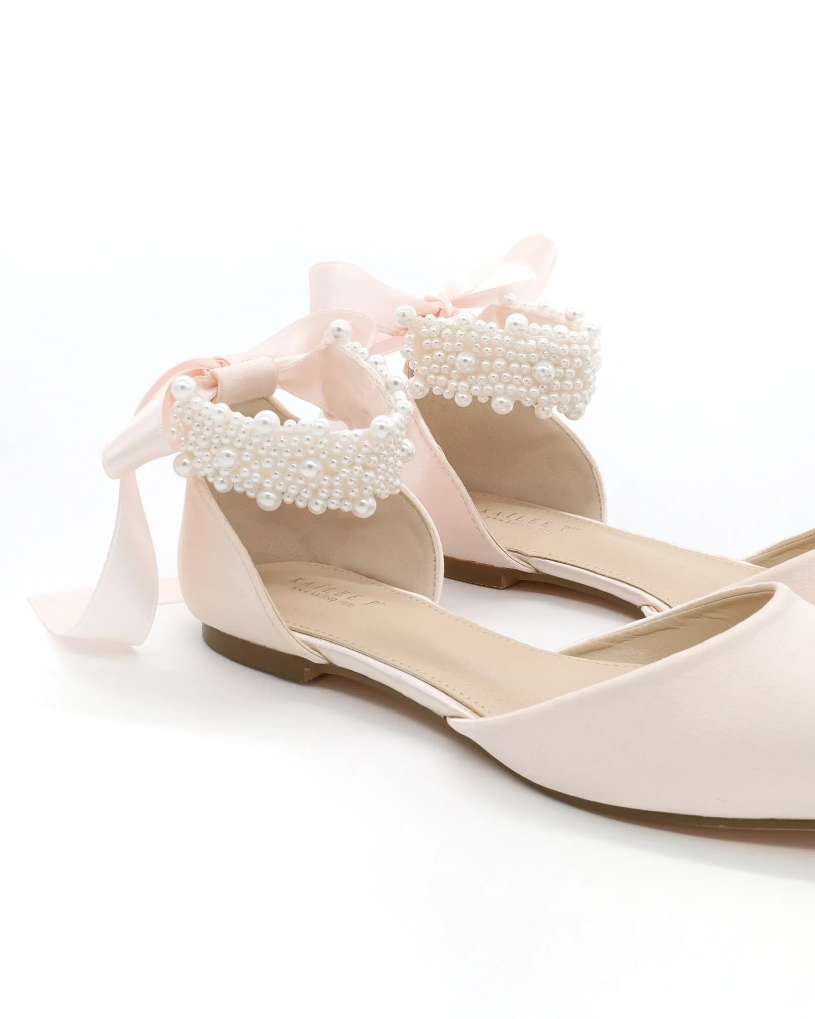 Satin Pointy Toe Evening Flats with Perla Ankle Strap