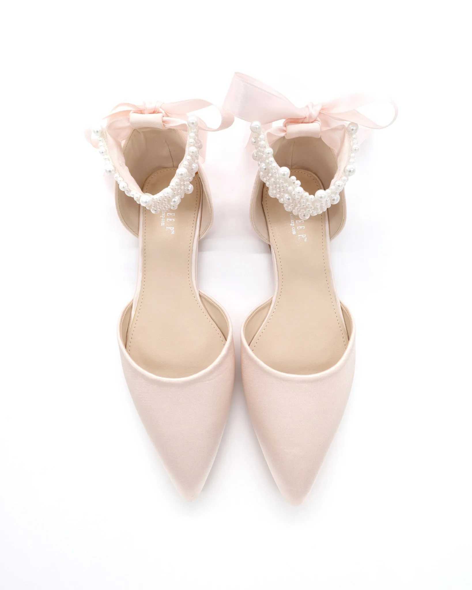 Satin Pointy Toe Evening Flats with Perla Ankle Strap